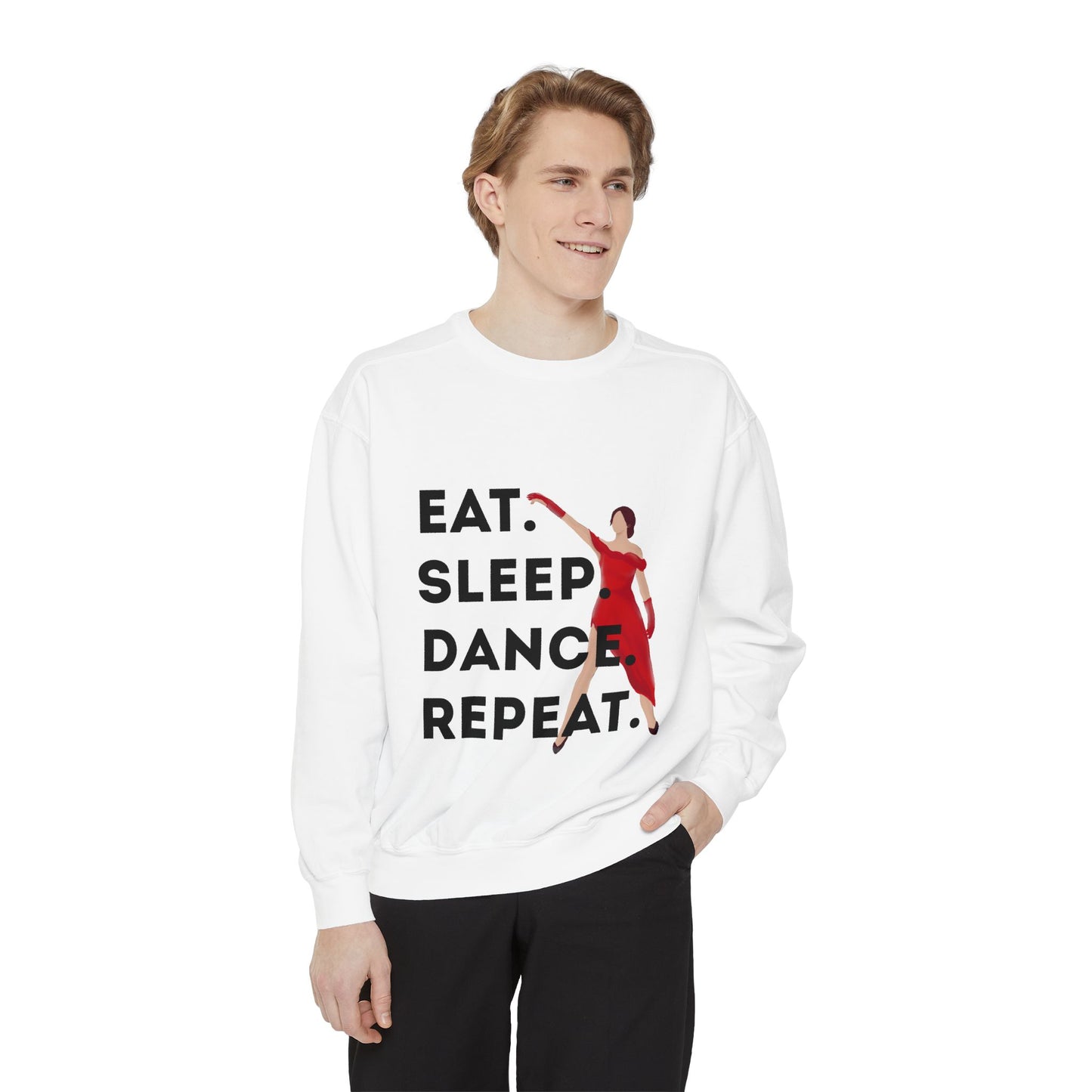 "Eat, Sleep, Dance, Repeat" Unisex Lightweight Crewneck Sweatshirt – Bold Dance Graphic Pullover for Dancers & Studio Life Enthusiasts