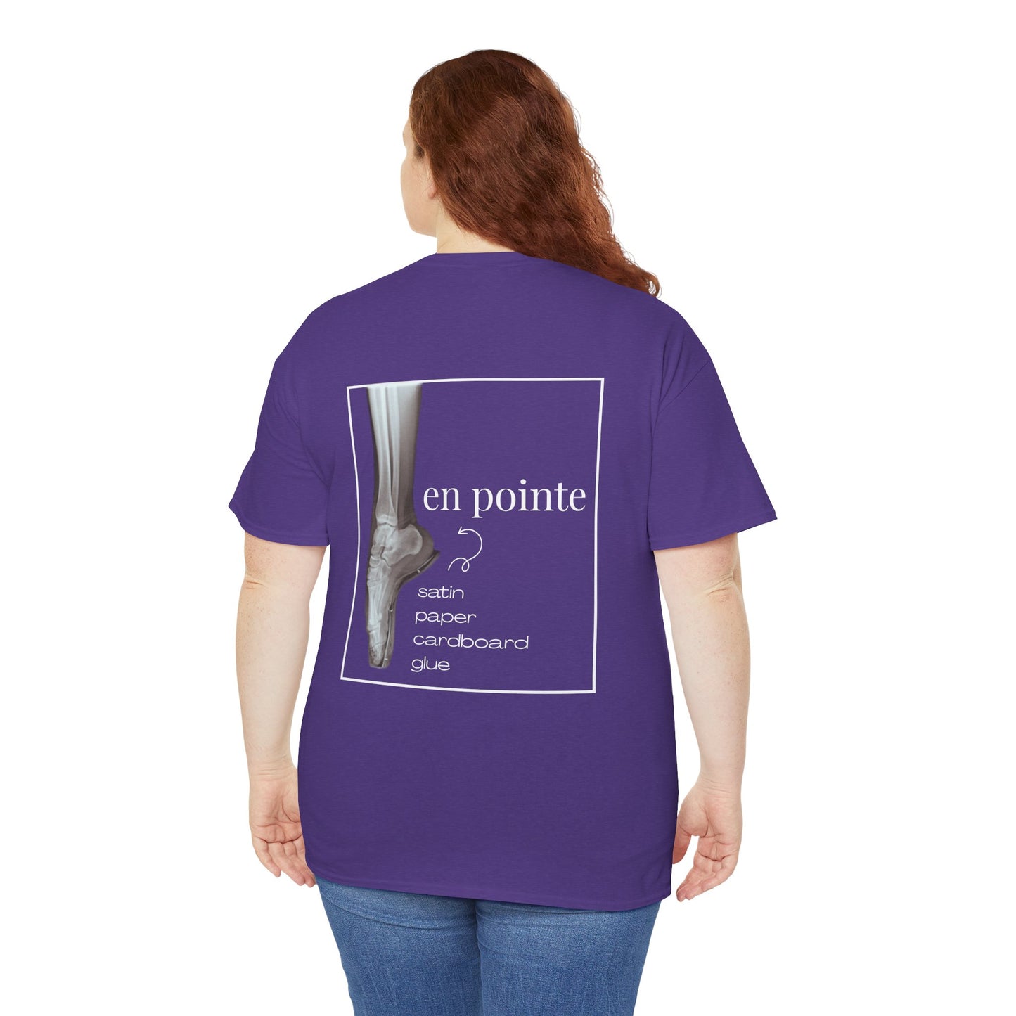 “I Dance en Pointe” X-Ray Ballet T-Shirt – Unisex Heavy Cotton Tee Featuring Pointe Shoe Foot Graphic with Optional Name or Studio Personalization on the back