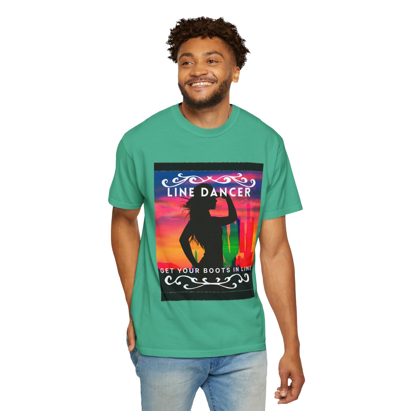 "Line Dancer" Unisex Garment-Dyed T-Shirt – Western Country Dance Graphic Tee – 'Get Your Boots in Line' Cowboy-Inspired Shirt