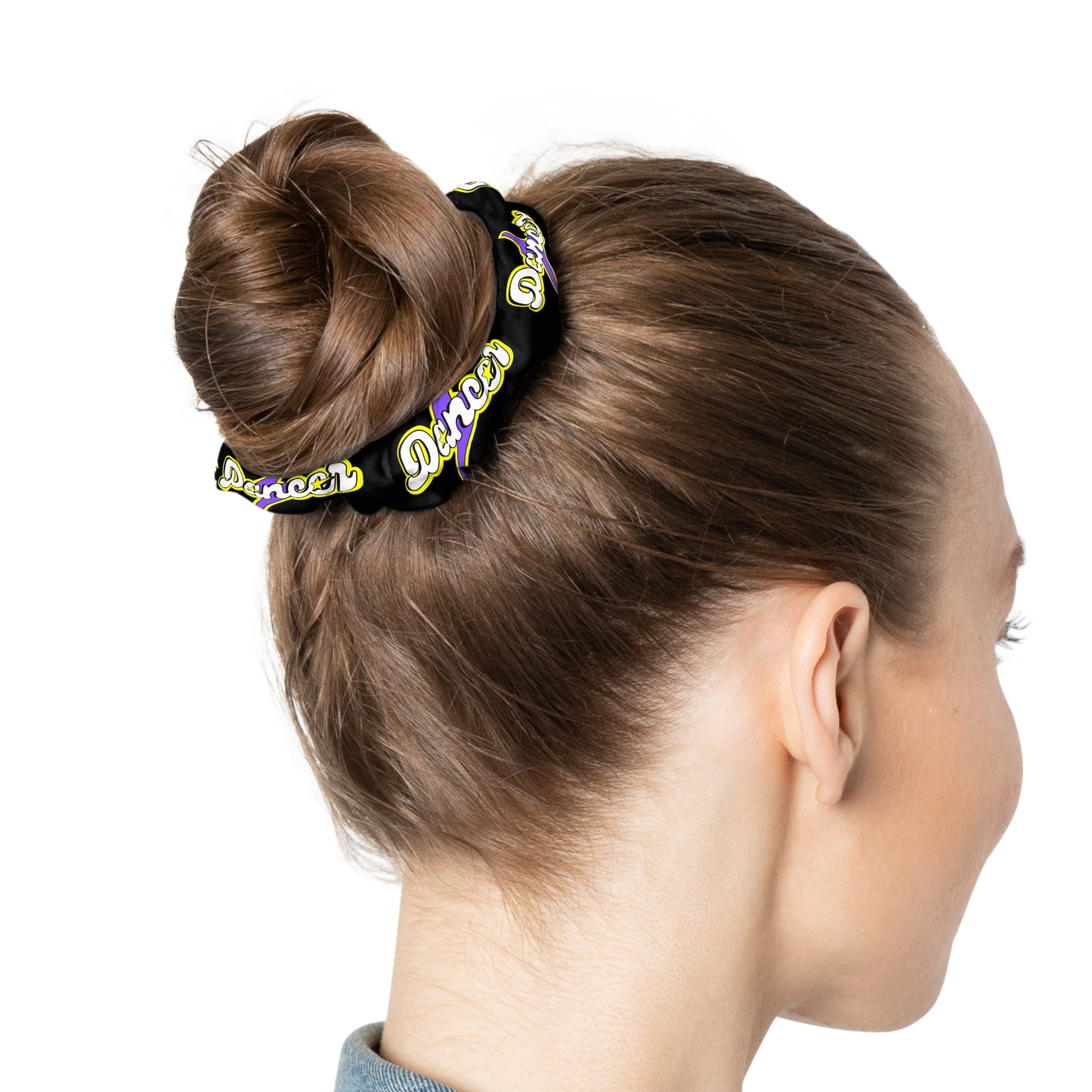 “Dancer” Scrunchie – Superhero-Inspired Dance Hair Accessory with Bold Graphic for Performers