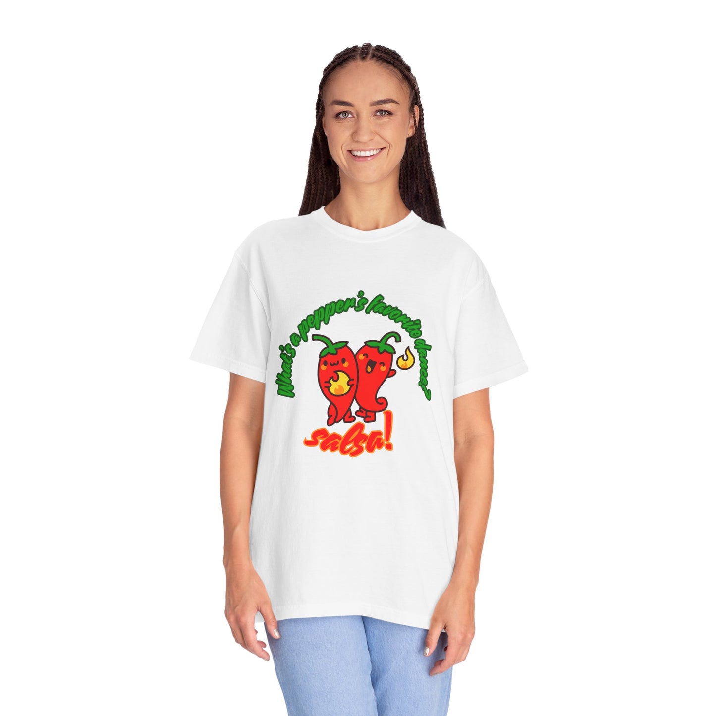 "What's a Pepper's Favorite Dance? Salsa!" Dance Pun Unisex Garment-Dyed T-Shirt – Funny Dance Joke Tee with Cute Pepper Graphic – Dance Humor Shirt for Food & Pun Lovers