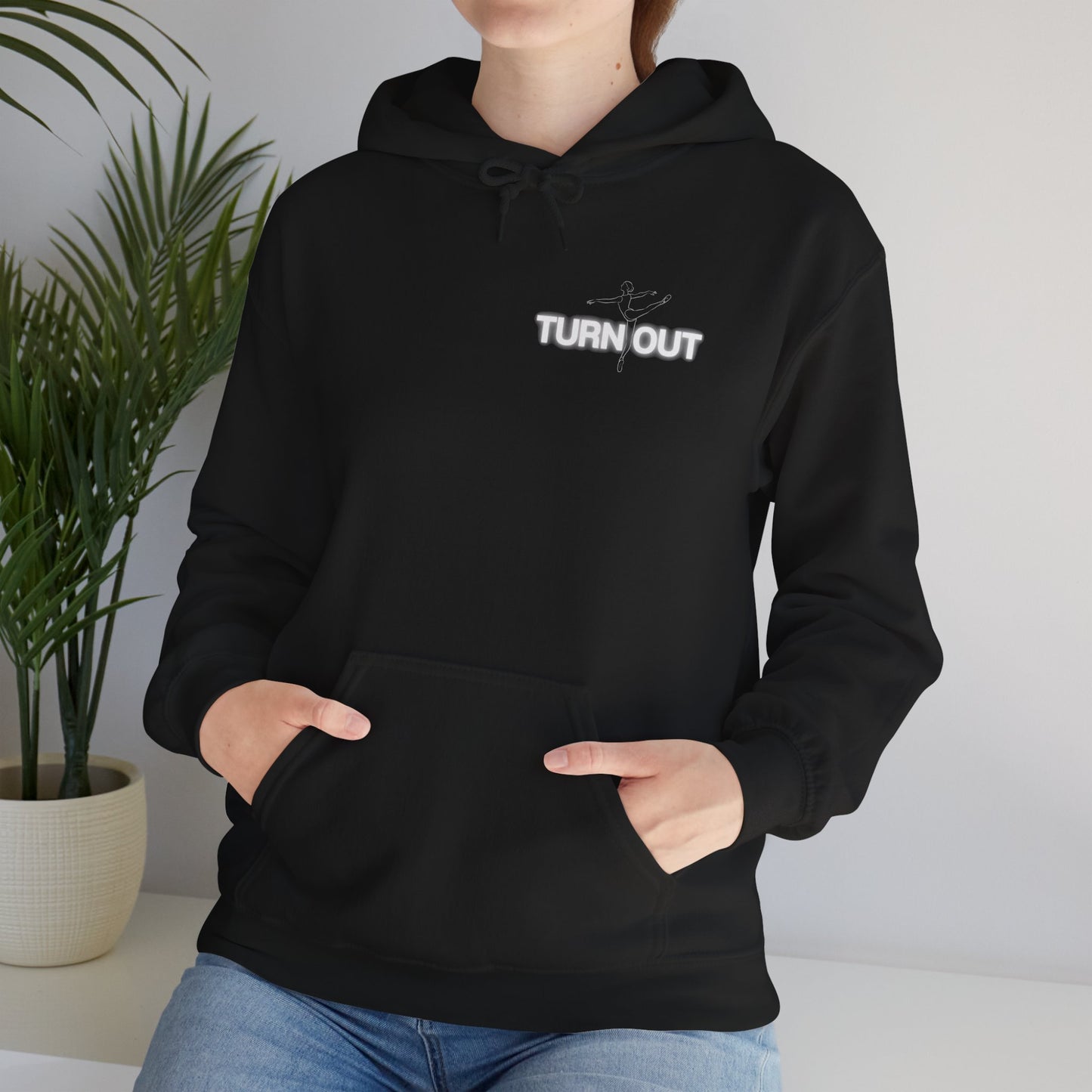 "Turn Out" Ballet Hoodie – Unisex Heavy Blend™ Hooded Sweatshirt with Front & Back Ballerina Graphics for Dancers