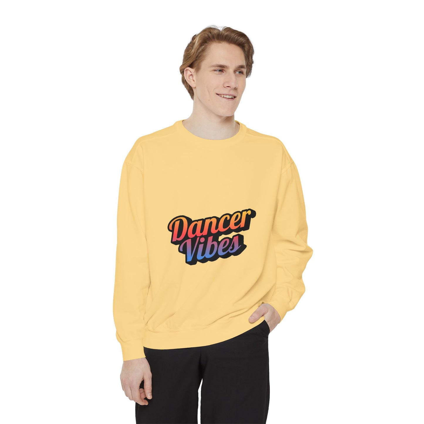 "Dancer Vibes" Unisex Lightweight Crewneck Sweatshirt – Colorful Text Graphic Pullover for Dance Lovers & Studio Style