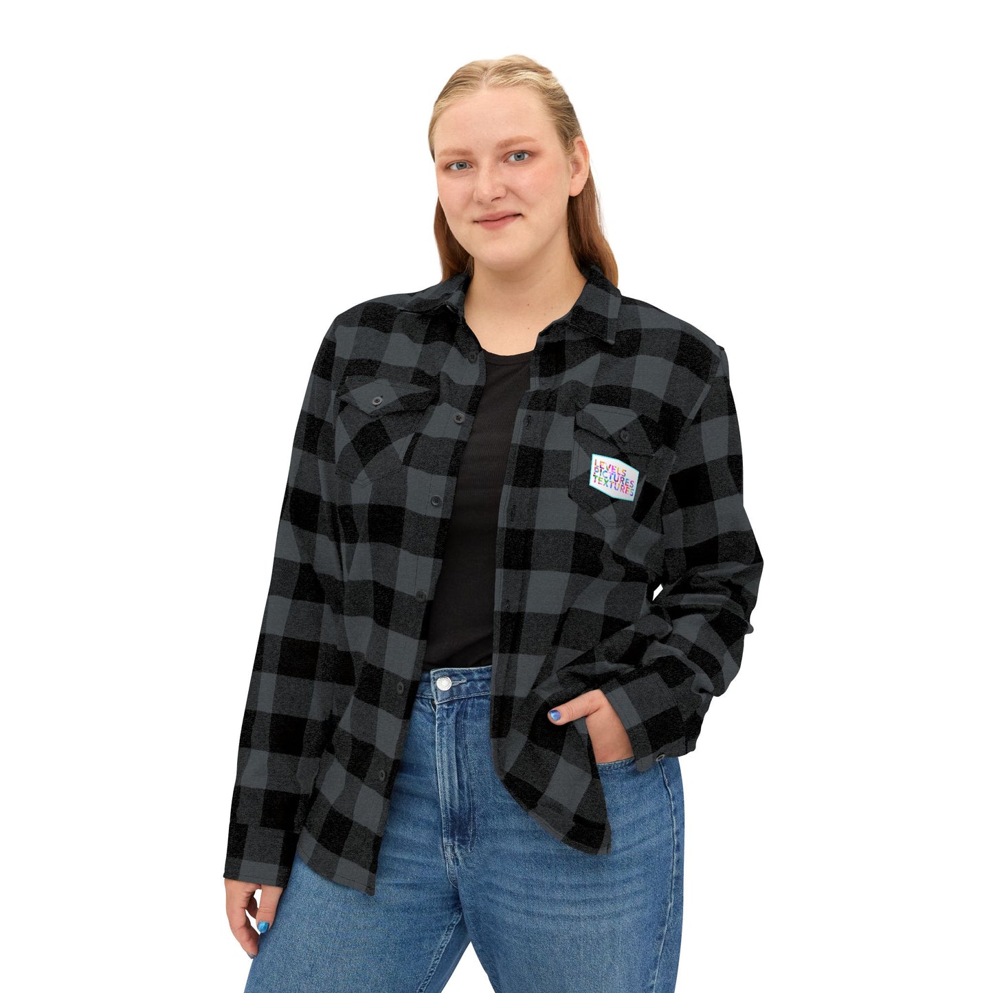 Levels Premium Collection Flannel Shirt – Unisex Streetwear Button-Up with "Levels Pictures Textures" Front Text and Bold Dancer Silhouette Back Graphic