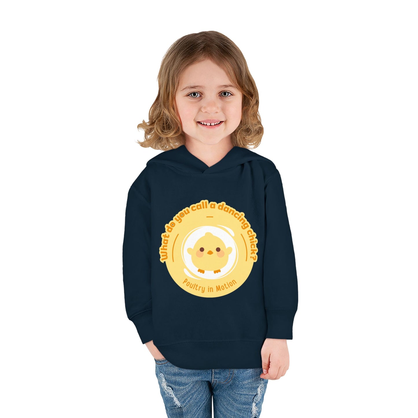 "What do you call a dancing chick? Poultry in Motion." Toddler Pullover Hoodie – Funny Dancing Chicken Pun Graphic Fleece Sweatshirt for Kids