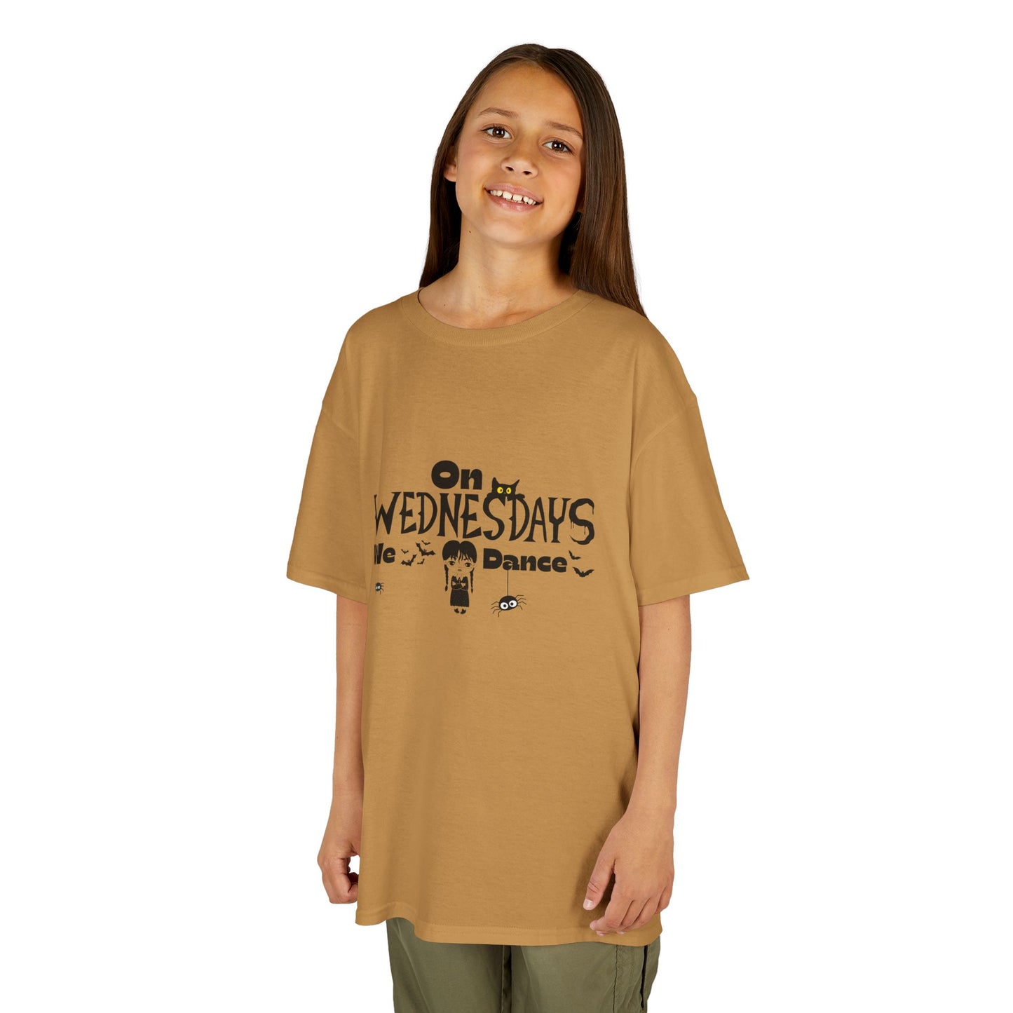 “On Wednesdays We Dance” Gothic Halloween T-Shirt with Cute Girl, Black Cat, Spiders & Bats - Kids Heavy Cotton™ Tee