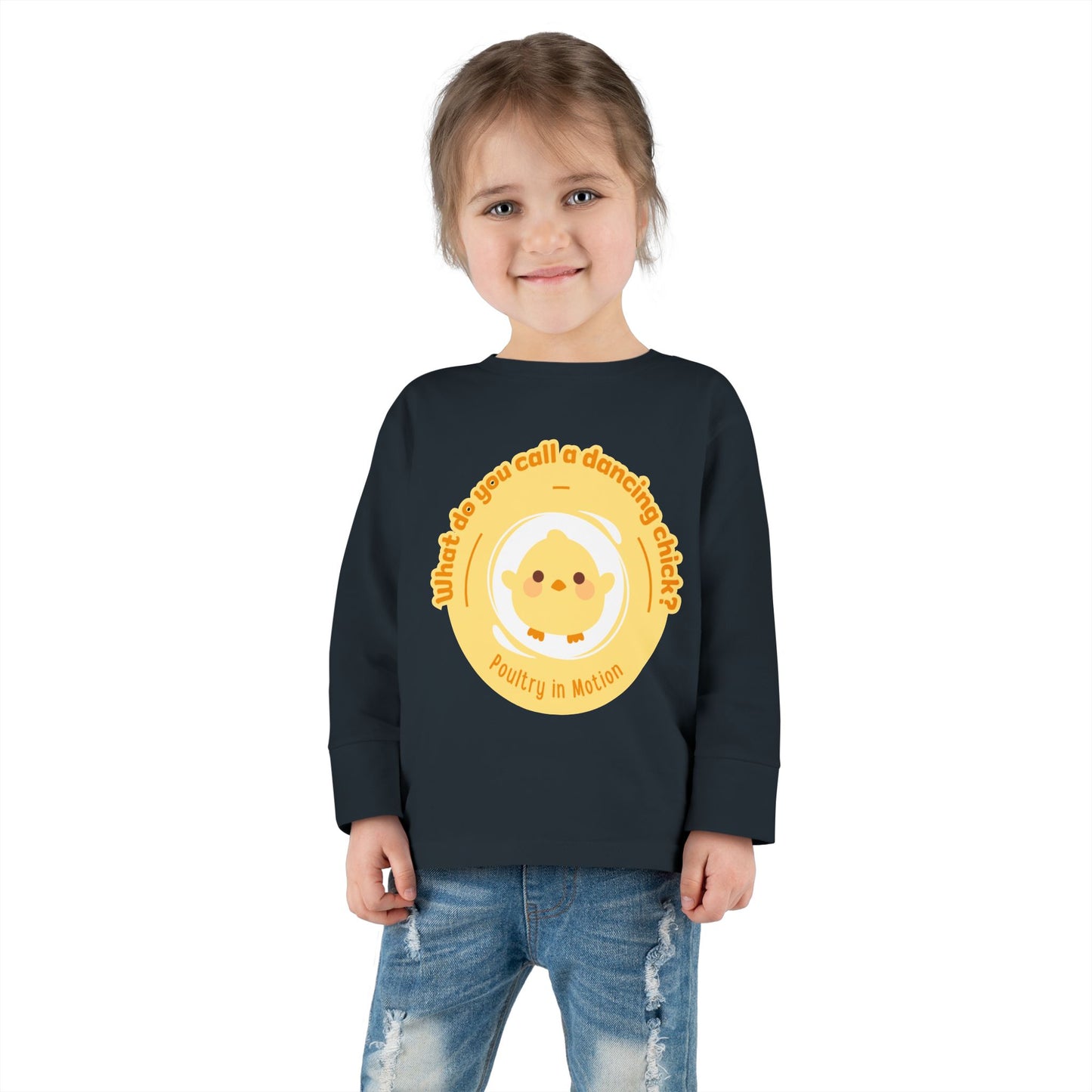 "What Do You Call a Dancing Chick? Poultry in Motion" Toddler Dance T-Shirt – Cute Chicken Graphic Long Sleeve Tee for Kids