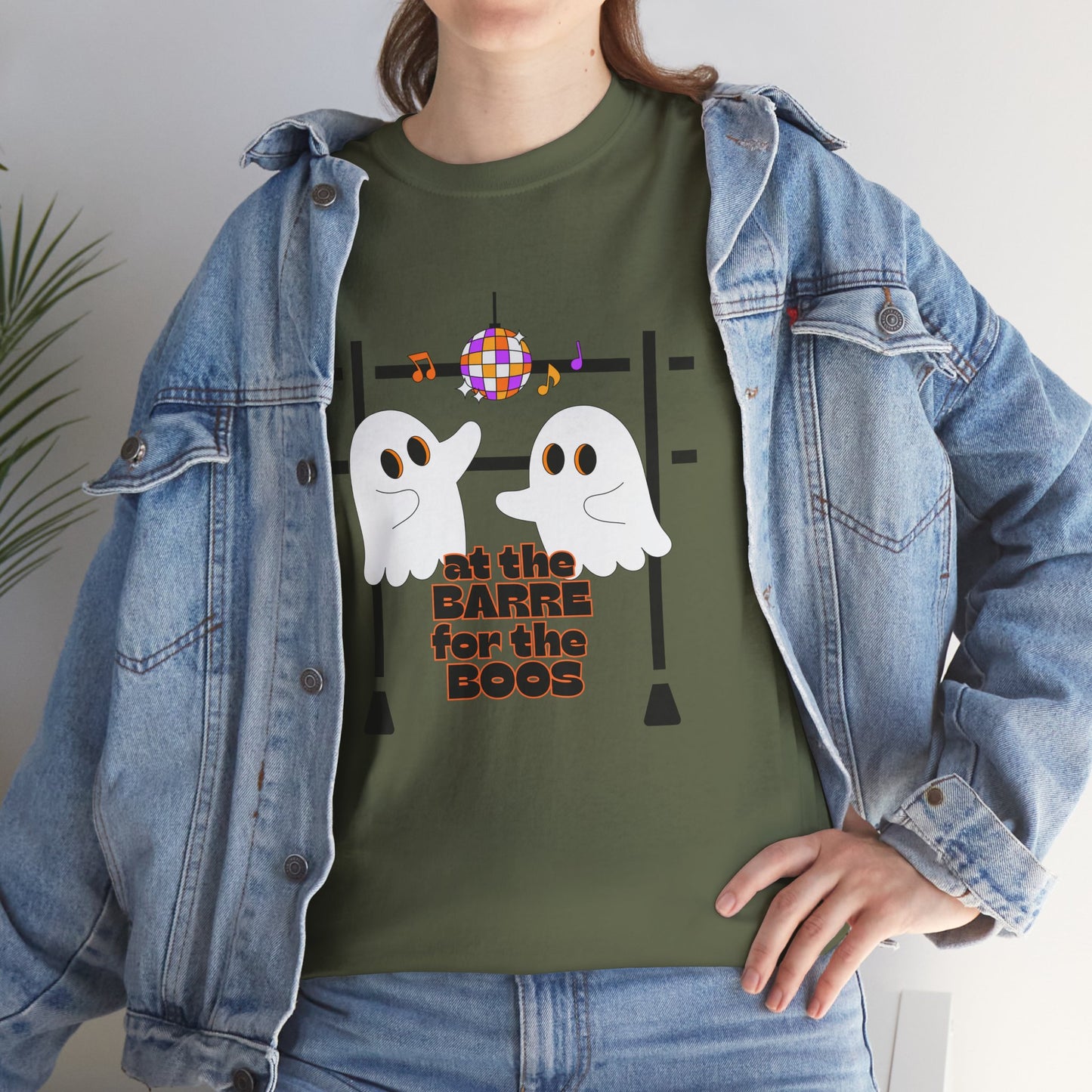 “At the Barre for the Boos” Dance Halloween T-Shirt with Cute Ghost Ballet Graphics - Unisex Heavy Cotton Tee