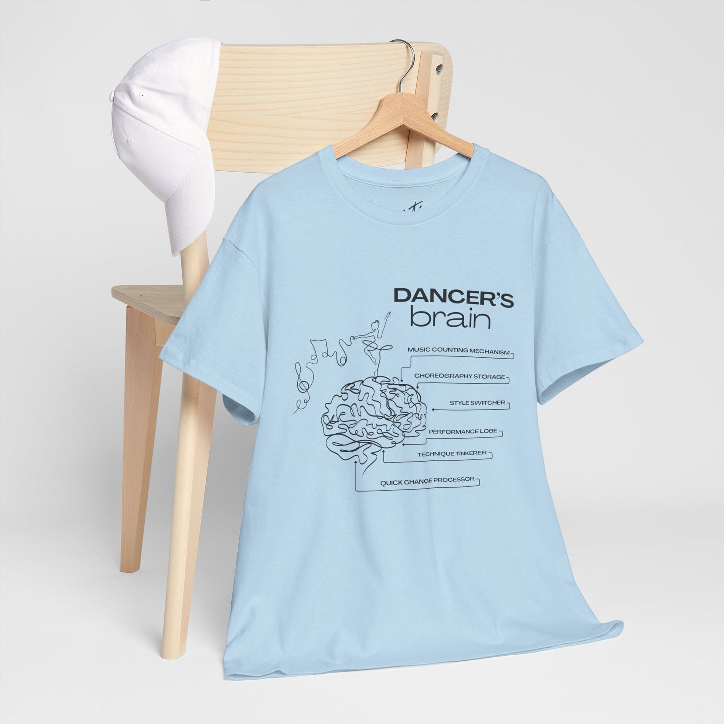 “Dancer’s Brain” Funny Dance Anatomy T-Shirt – Unisex Heavy Cotton Tee with Cute Dancer Brain Diagram and Optional Back Personalization
