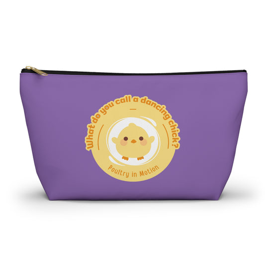 "What do you call a dancing chick? Poultry in Motion." Makeup Bag – Funny Dancing Chick Pun with Cute Chicken Graphic – Dance-Themed Zipper Pouch for Cosmetics, Accessories & Gifts