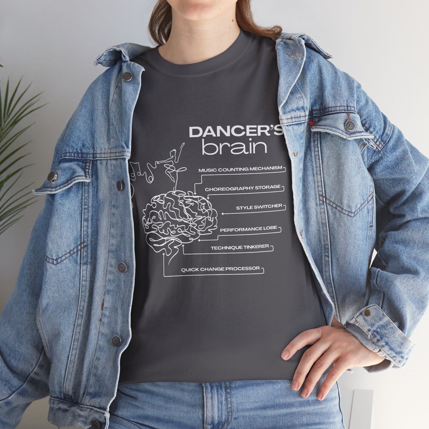 “Dancer’s Brain” Funny Dance Anatomy T-Shirt – Unisex Heavy Cotton Tee with Cute Dancer Brain Diagram and Optional Back Personalization