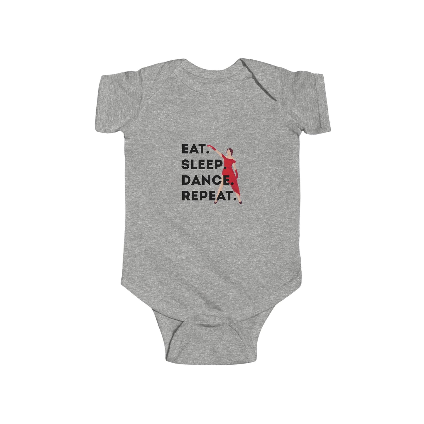 "Eat Sleep Dance Repeat" Infant Short Sleeve Bodysuit – Bold Dancer Graphic Baby Outfit for Dance-Loving Families