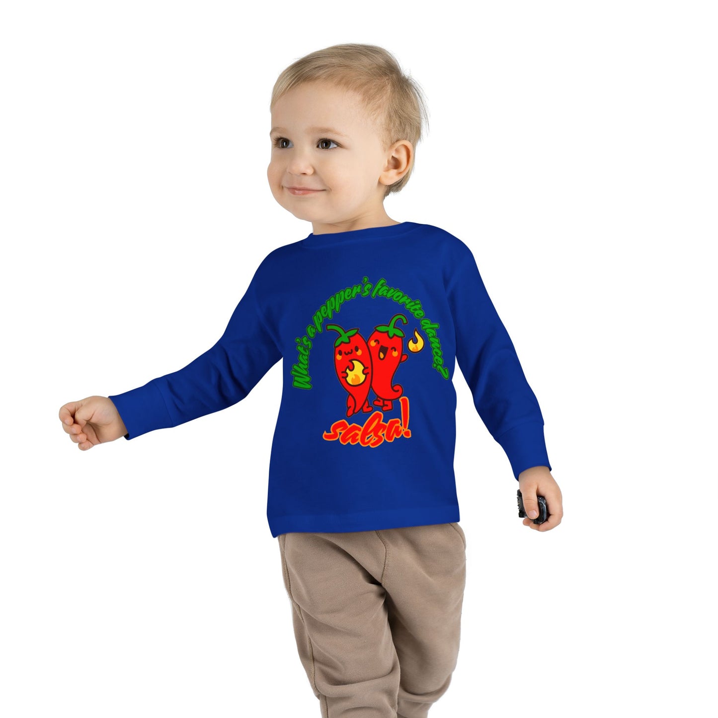 "What Is a Pepper's Favorite Dance? Salsa!" Toddler Dance T-Shirt – Cute Pepper Pun Graphic Long Sleeve Tee for Kids
