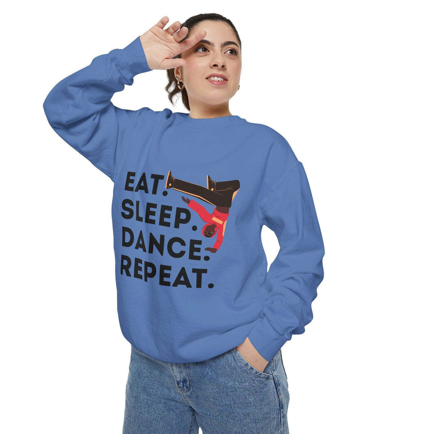 "Eat, Sleep, Dance, Repeat." Unisex Lightweight Crewneck Sweatshirt – Bold B-Boy Graphic Pullover for Hip-Hop Dancers & Street Style Fans