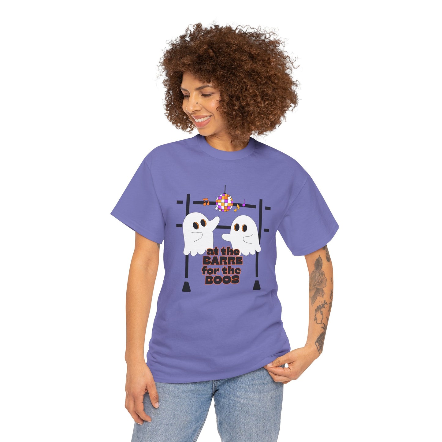 “At the Barre for the Boos” Dance Halloween T-Shirt with Cute Ghost Ballet Graphics - Unisex Heavy Cotton Tee