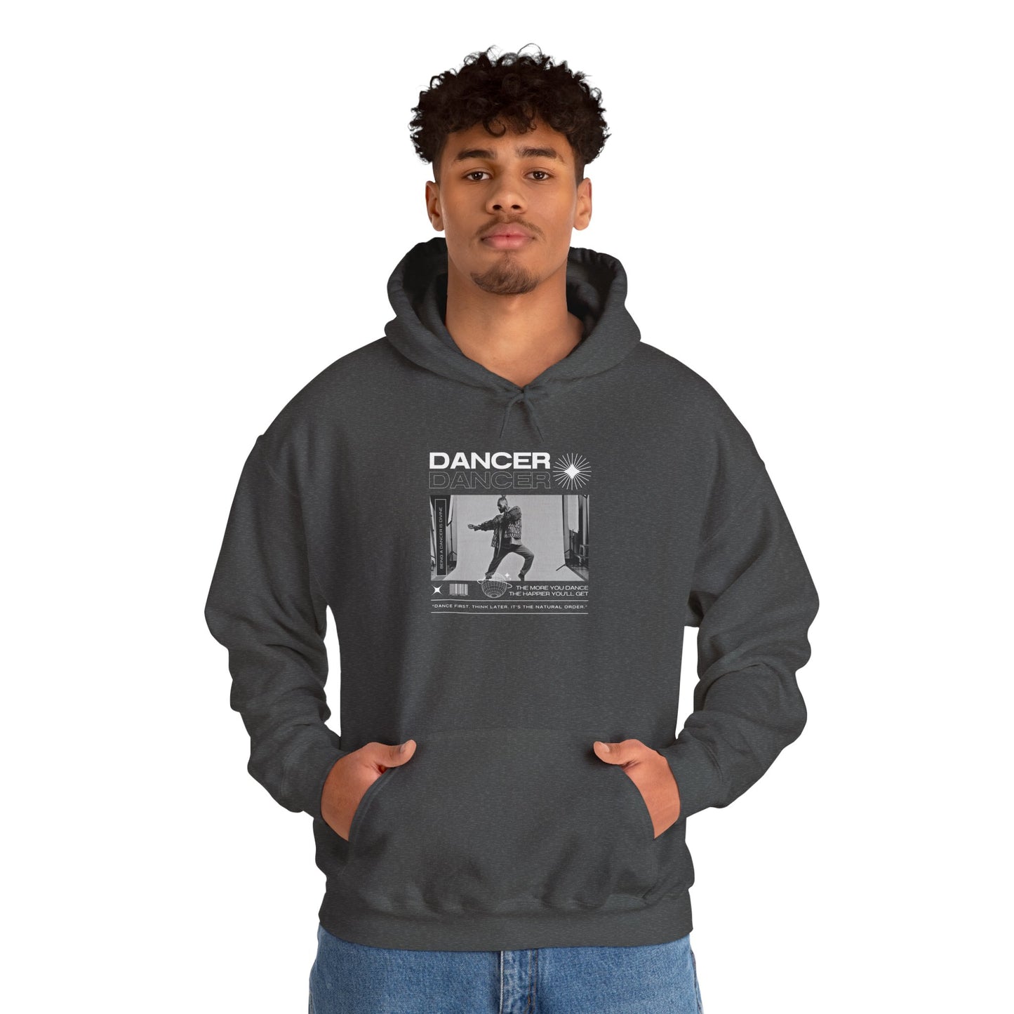 “Dancer” Text with Jazz-Inspired Streetwear-Style Pose Graphic – Unisex Heavy Blend™ Hooded Sweatshirt – Cozy Dance Hoodie for Jazz Dancers & Performing Arts Lovers "
