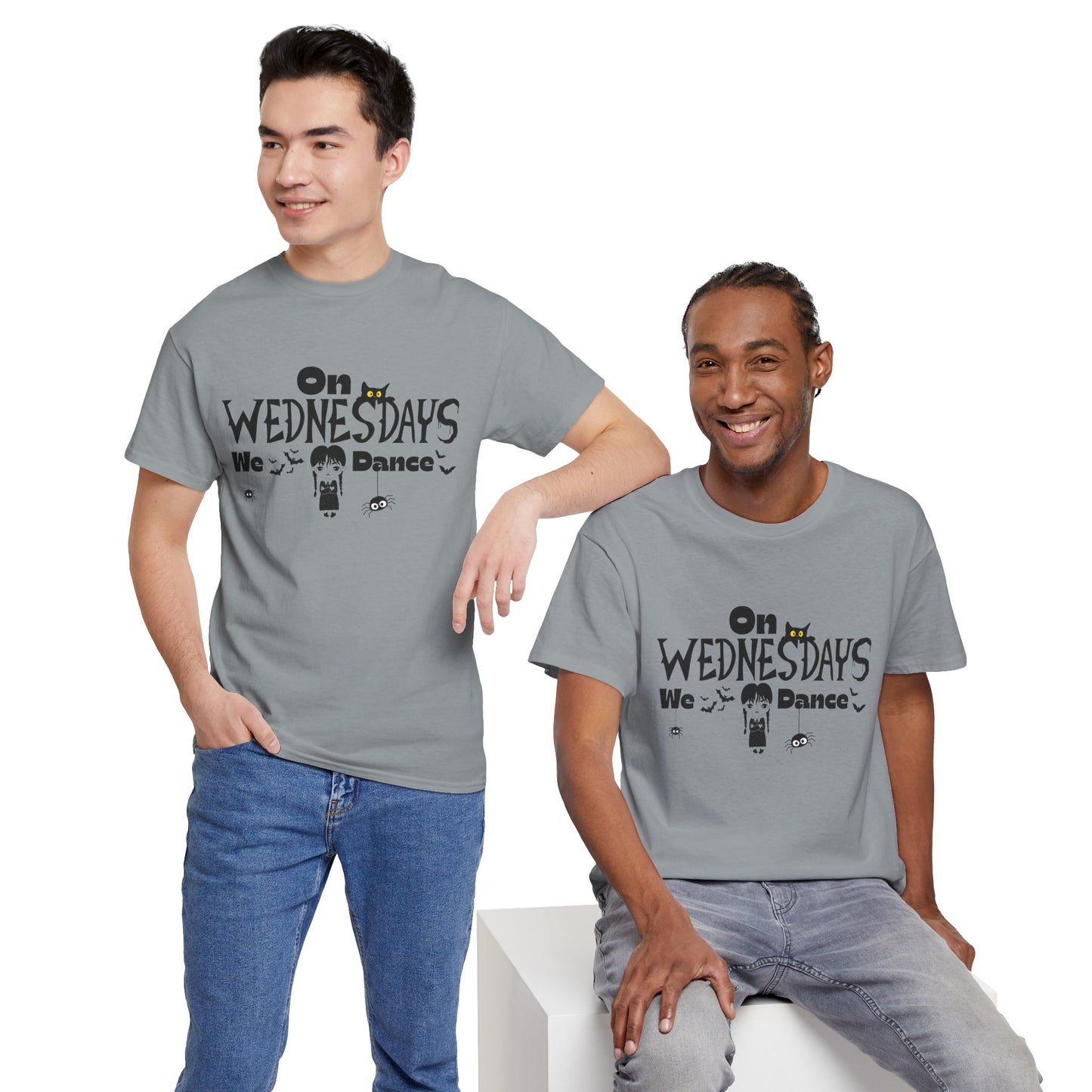 “On Wednesdays We Dance” Gothic Halloween T-Shirt with Cute Girl, Black Cat, Spiders & Bats - Unisex Heavy Cotton Tee