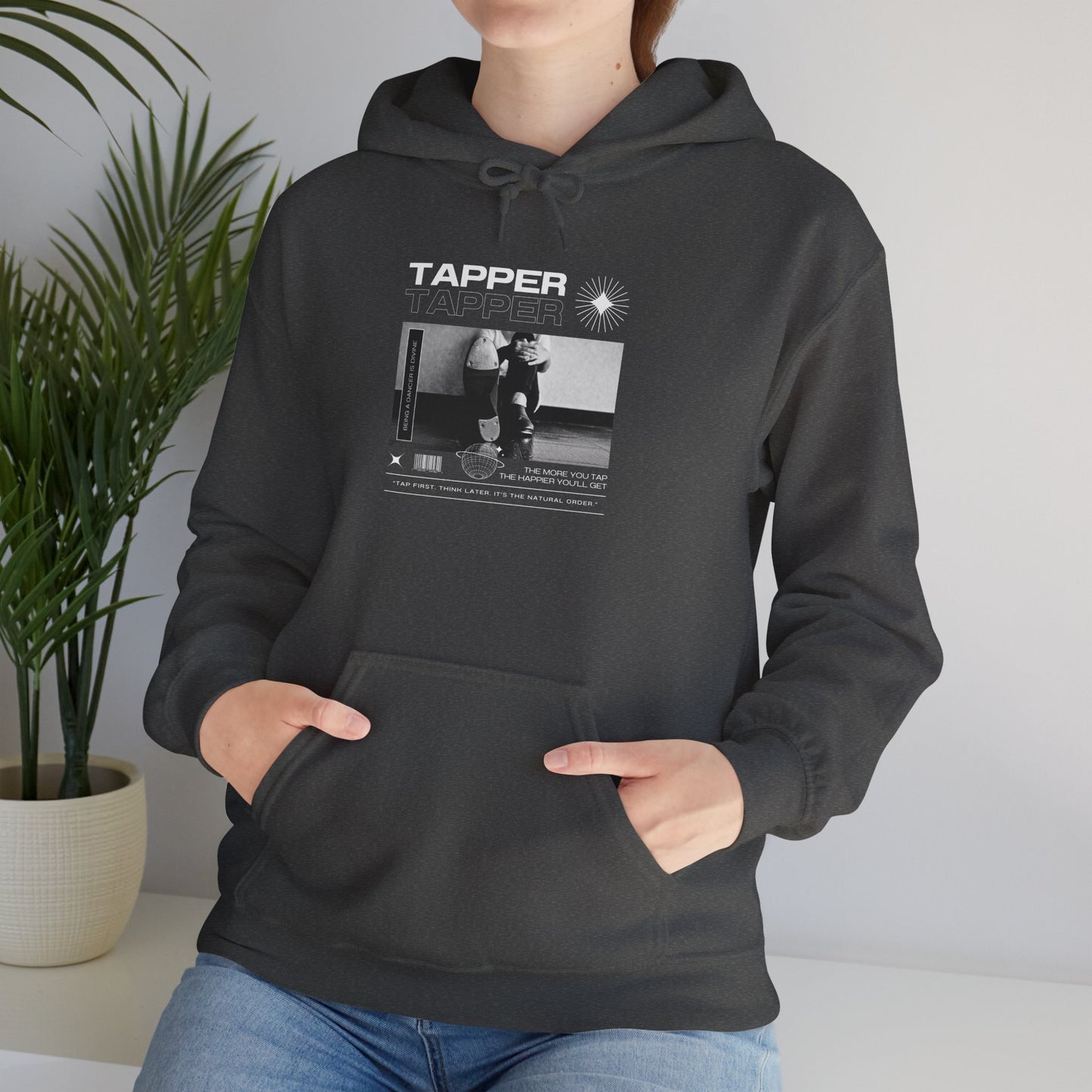 “Tapper” Tap Dance Text with Streetwear-Style Tap Shoes Graphic – Unisex Heavy Blend™ Hooded Sweatshirt – Cozy Dance Hoodie for Tap Dancers & Performing Arts Fans