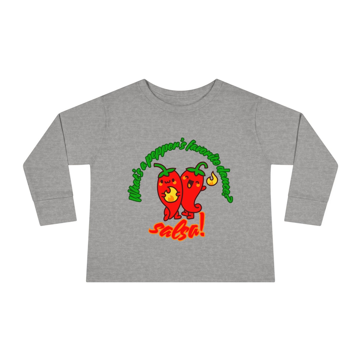 "What Is a Pepper's Favorite Dance? Salsa!" Toddler Dance T-Shirt – Cute Pepper Pun Graphic Long Sleeve Tee for Kids