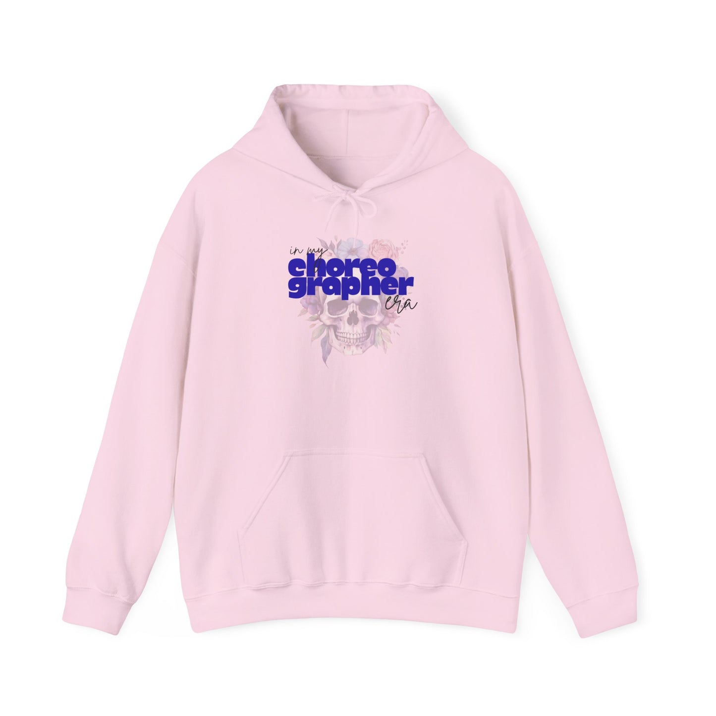 Pink hoodie with 'choreographer' text and floral design on a white background