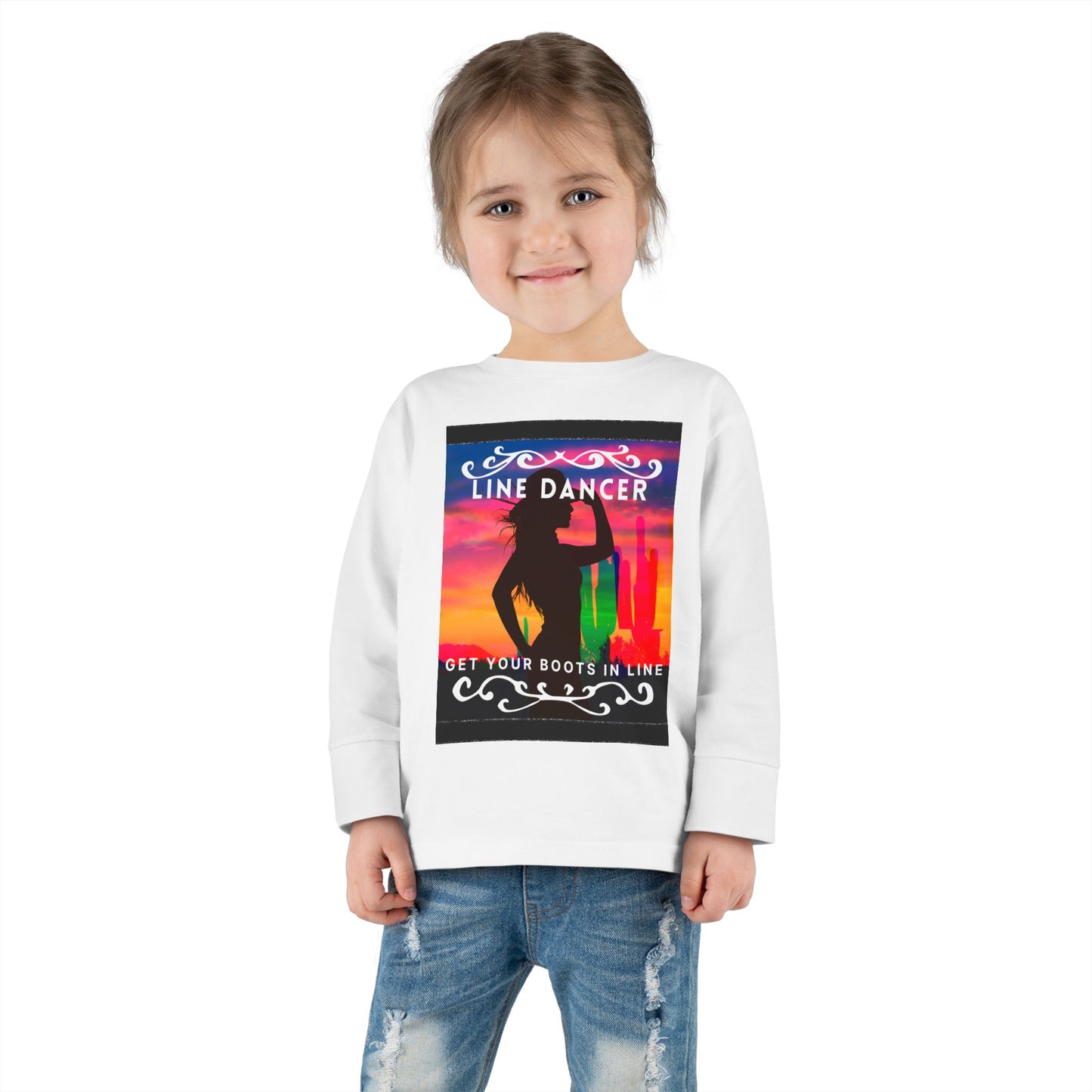 "Line Dancer – Get Your Boots in Line" Toddler Dance T-Shirt – Western-Inspired Long Sleeve Tee for Kids