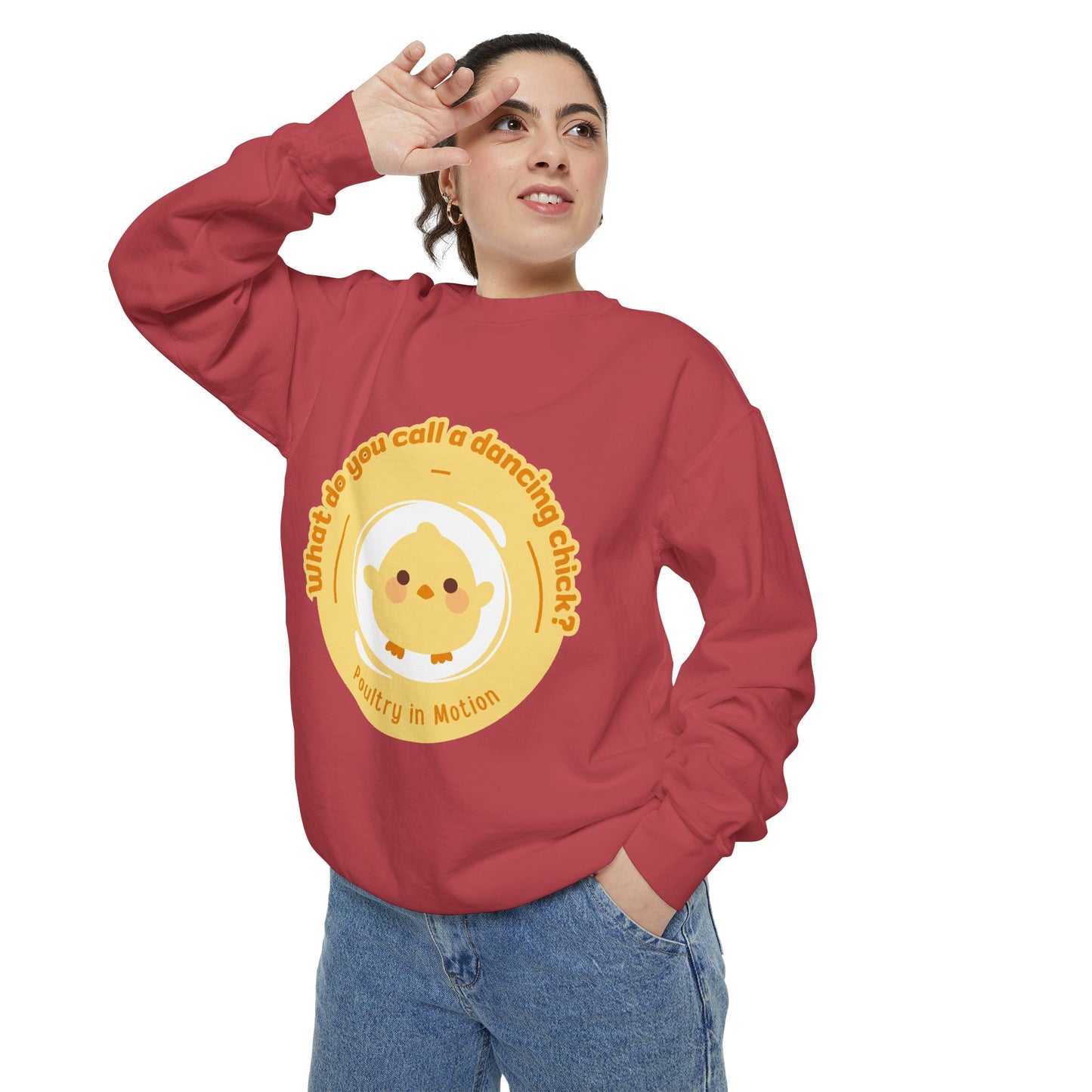 "What Do You Call a Dancing Chick? Poultry in Motion" Unisex Lightweight Crewneck Sweatshirt – Funny Dance Pun Pullover with Colorful Text Graphic for Dancers & Humor Lovers