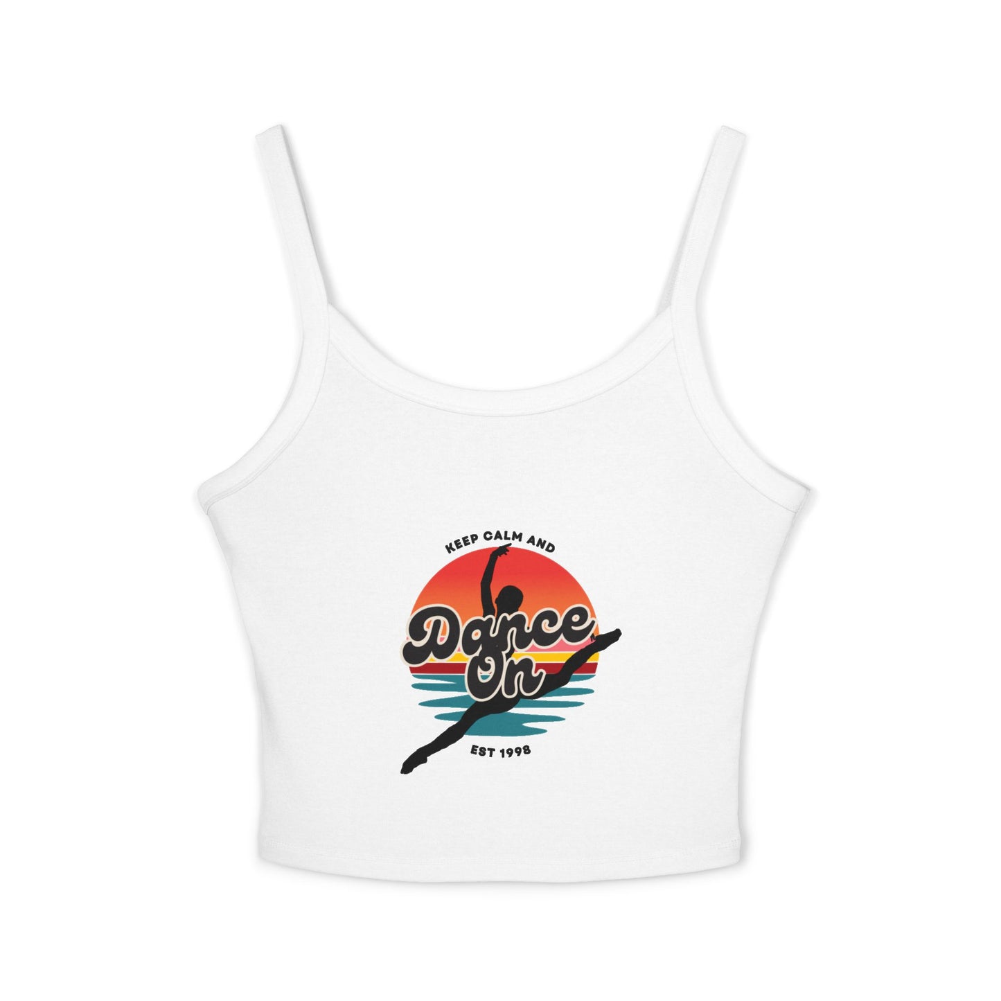 "Keep Calm and Dance On" Women’s Spaghetti Strap Tank Top – Retro Graphic Design | Fun & Stylish Dancewear for Studio, Festivals, and Everyday Outfits