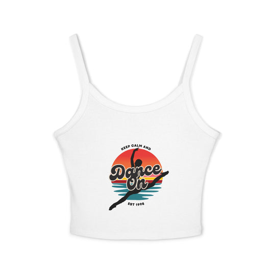 "Keep Calm and Dance On" Women’s Spaghetti Strap Tank Top – Retro Graphic Design | Fun & Stylish Dancewear for Studio, Festivals, and Everyday Outfits