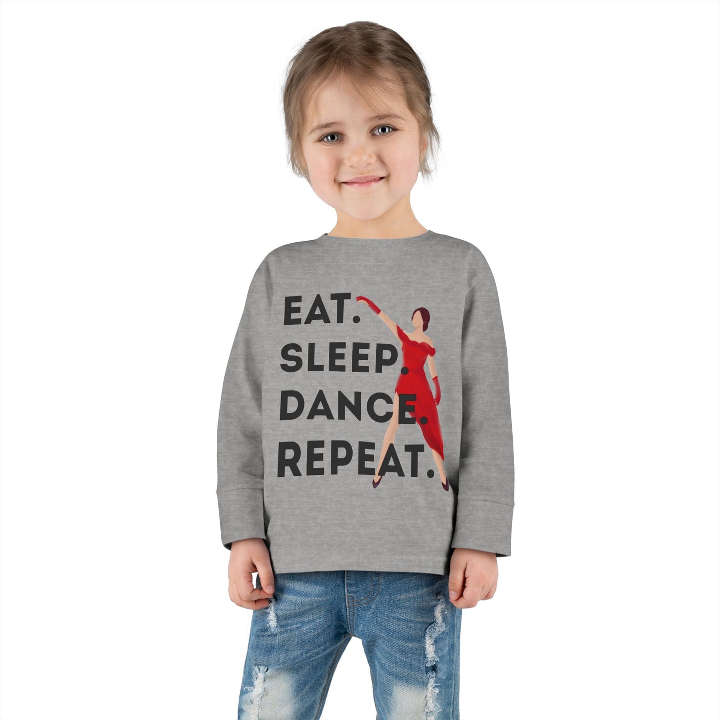 "Eat, Sleep, Dance, Repeat" Toddler Dance Long Sleeve T-Shirt – Bold Dancer Graphic Shirt for Kids