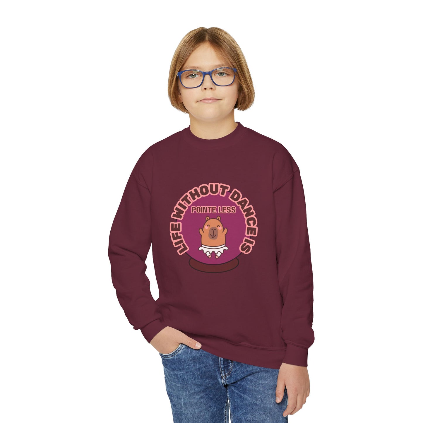 "Life Without Dance Is Pointeless" – Cute Dancing Capybara Youth Crewneck Sweatshirt | Funny Animal Dance Kids Pullover