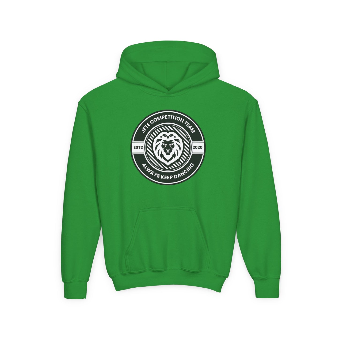 "Jeté Competition Team - Always Keep Dancing" Youth Hooded Sweatshirt – Bold Collegiate Emblem Dance Graphic Hoodie for Kids and Teens