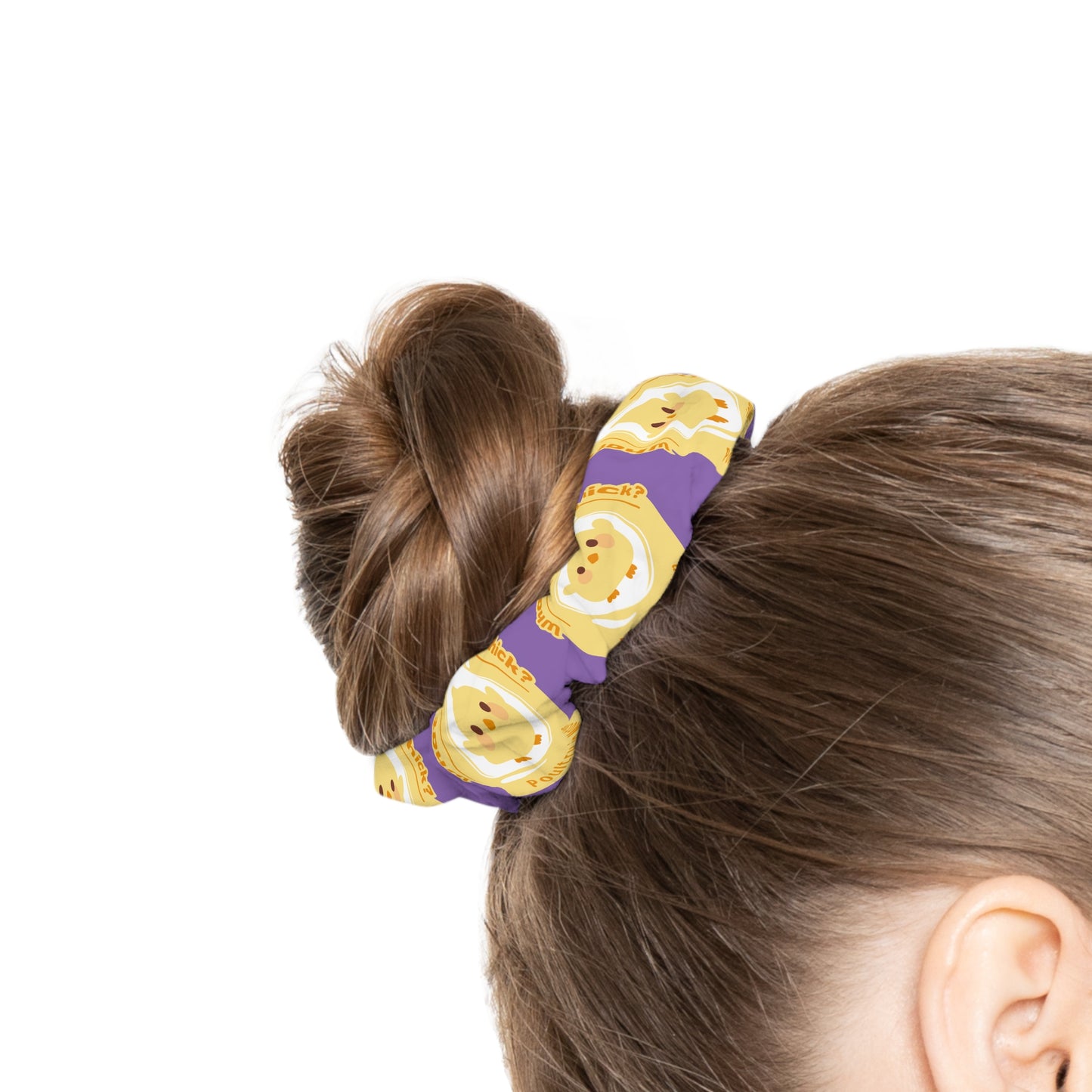 “What do you call a dancing chick? Poultry in Motion” Scrunchie – Funny Dance Pun Hair Accessory with Cute Dancing Chicken Graphic