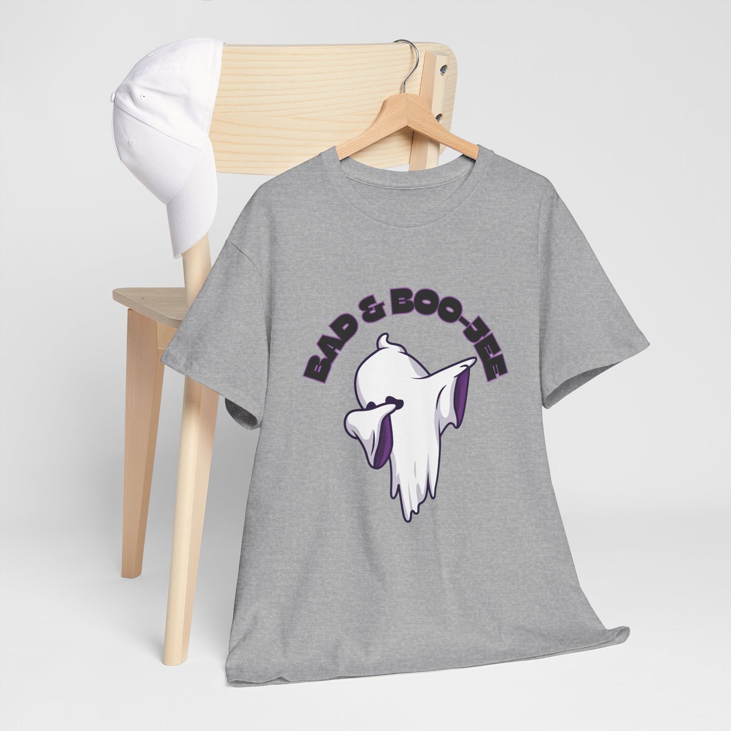 “Bad & Boo-jee” Funny Halloween Dance T-Shirt with Cute Ghost Dab Graphic - Unisex Heavy Cotton Tee
