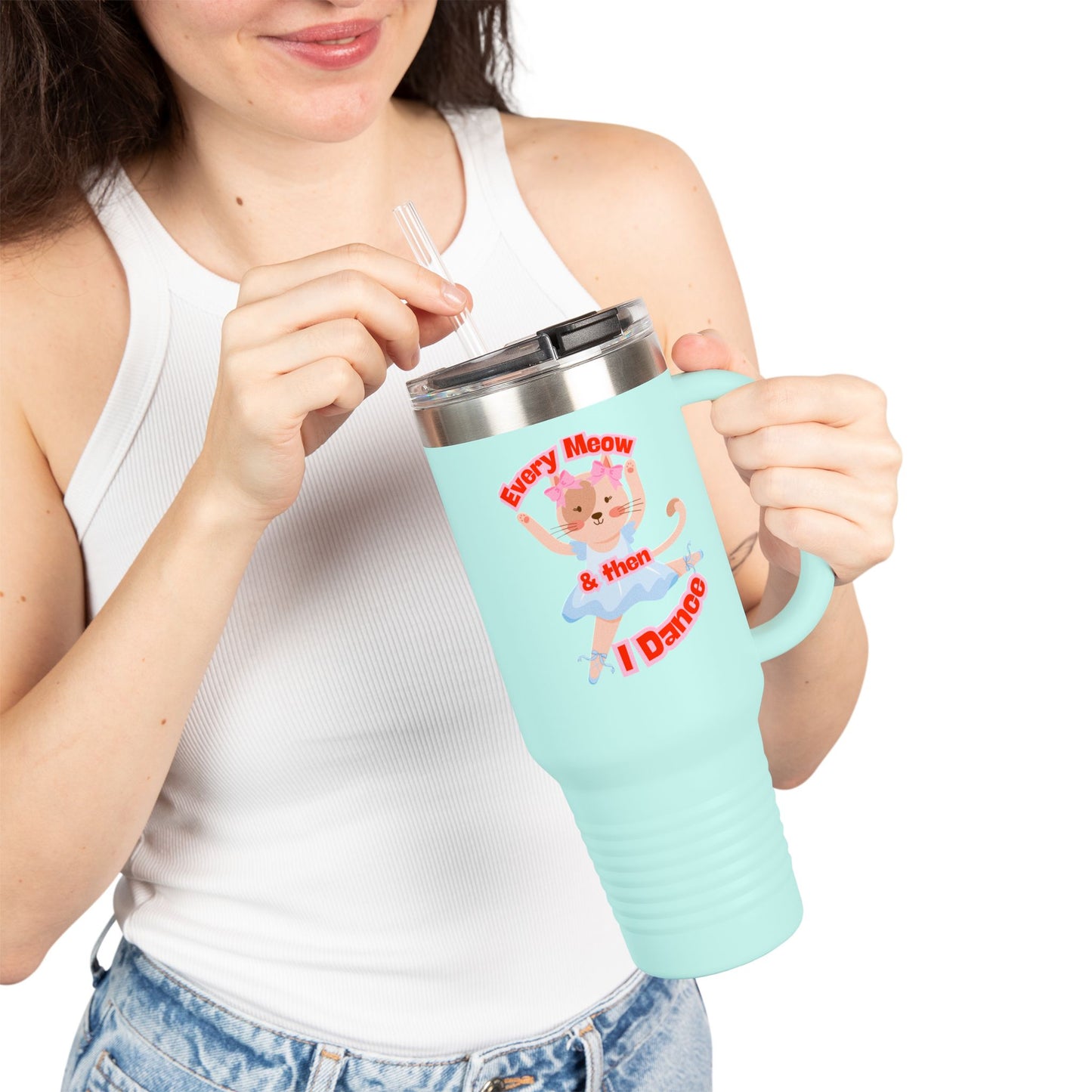 “Every Meow & Then I Dance” Adorable Dancing Cat Graphic | Cute Cat Dance Tumbler for Ballet Lovers & On-the-Go Coffee Enthusiasts - 40oz Insulated Travel Mug