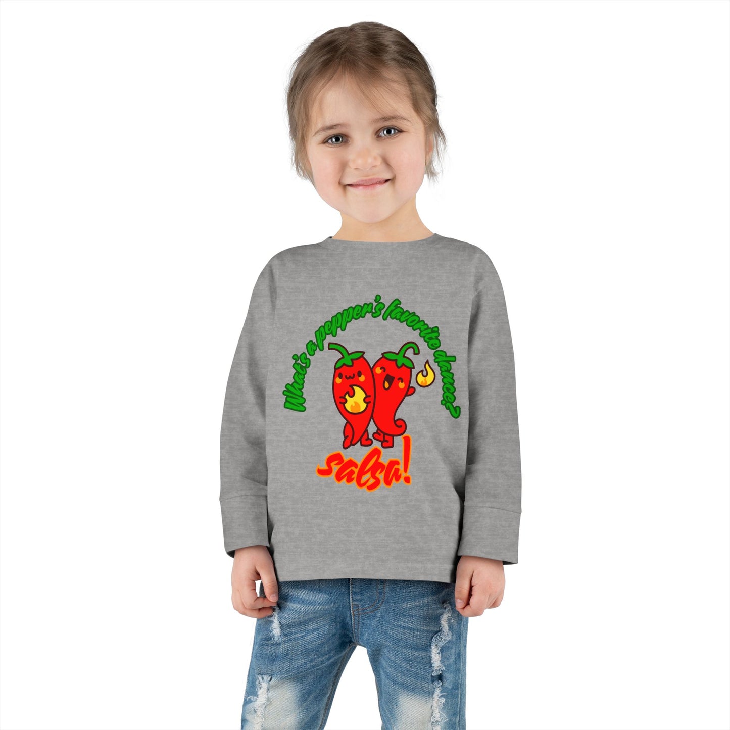 "What Is a Pepper's Favorite Dance? Salsa!" Toddler Dance T-Shirt – Cute Pepper Pun Graphic Long Sleeve Tee for Kids