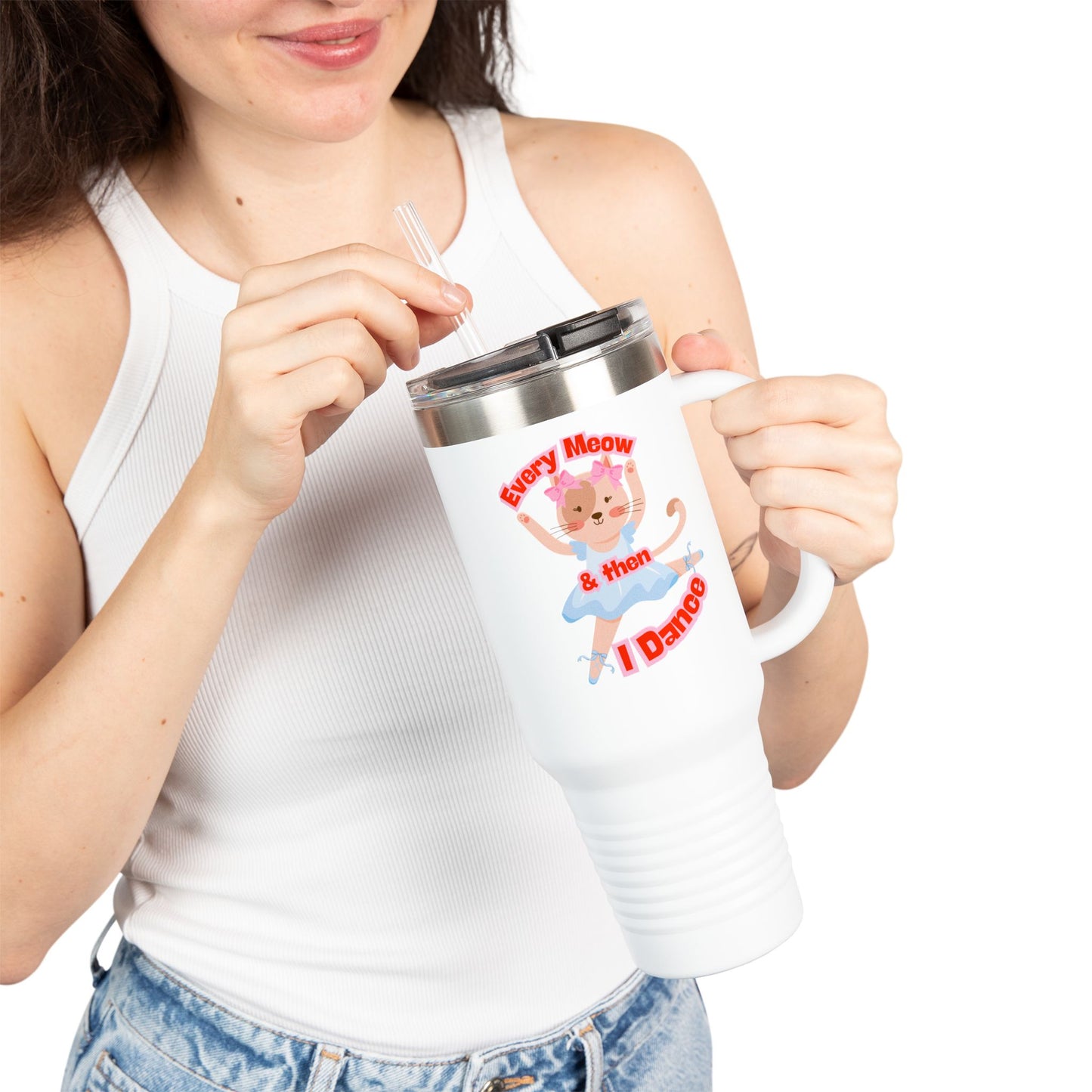 “Every Meow & Then I Dance” Adorable Dancing Cat Graphic | Cute Cat Dance Tumbler for Ballet Lovers & On-the-Go Coffee Enthusiasts - 40oz Insulated Travel Mug