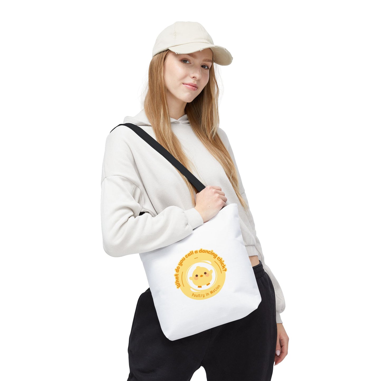 "What do you call a dancing chick? Poultry in Motion" Funny Dance Tote Bag – Kawaii Chicken Canvas Tote for Dancers & Dance Lovers