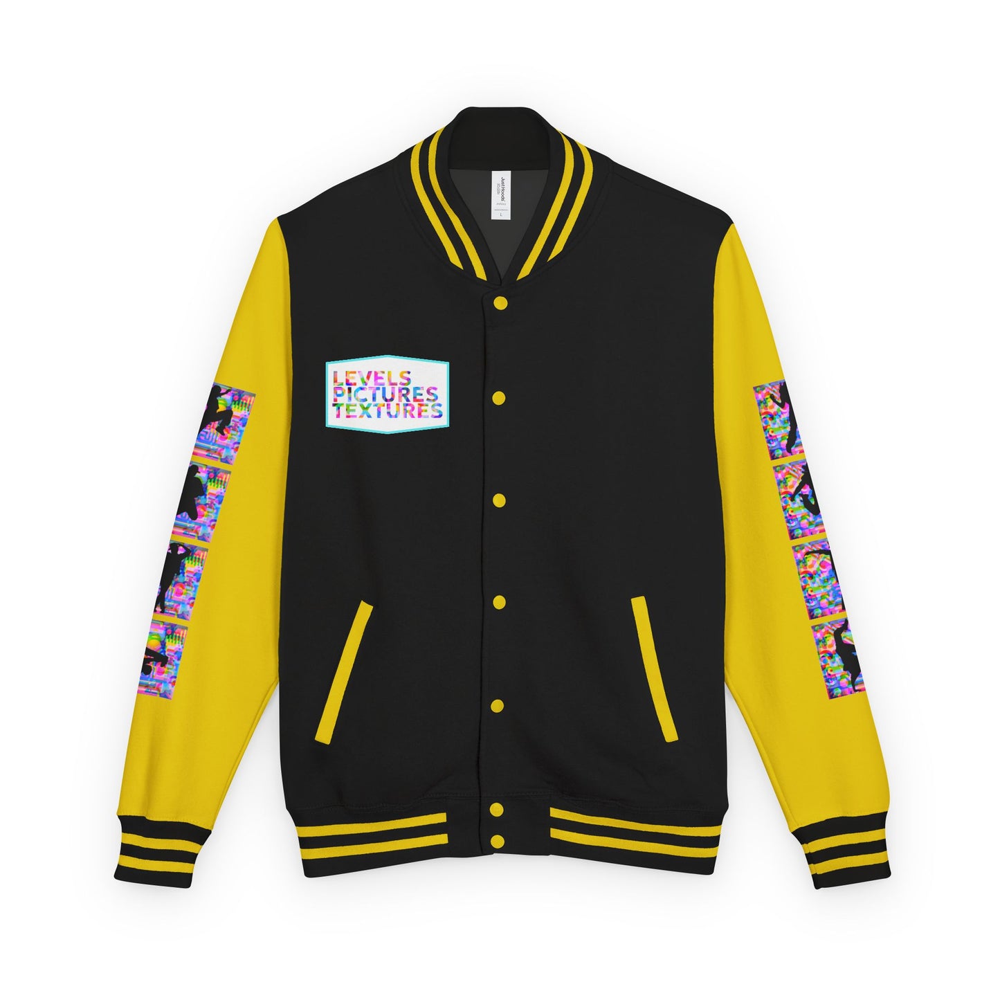 Levels Premium Collection Dance Letterman Jacket β Colorful Unisex Streetwear Varsity Jacket with "Levels Pictures Textures" Front and Dancer Silhouette Back Graphic