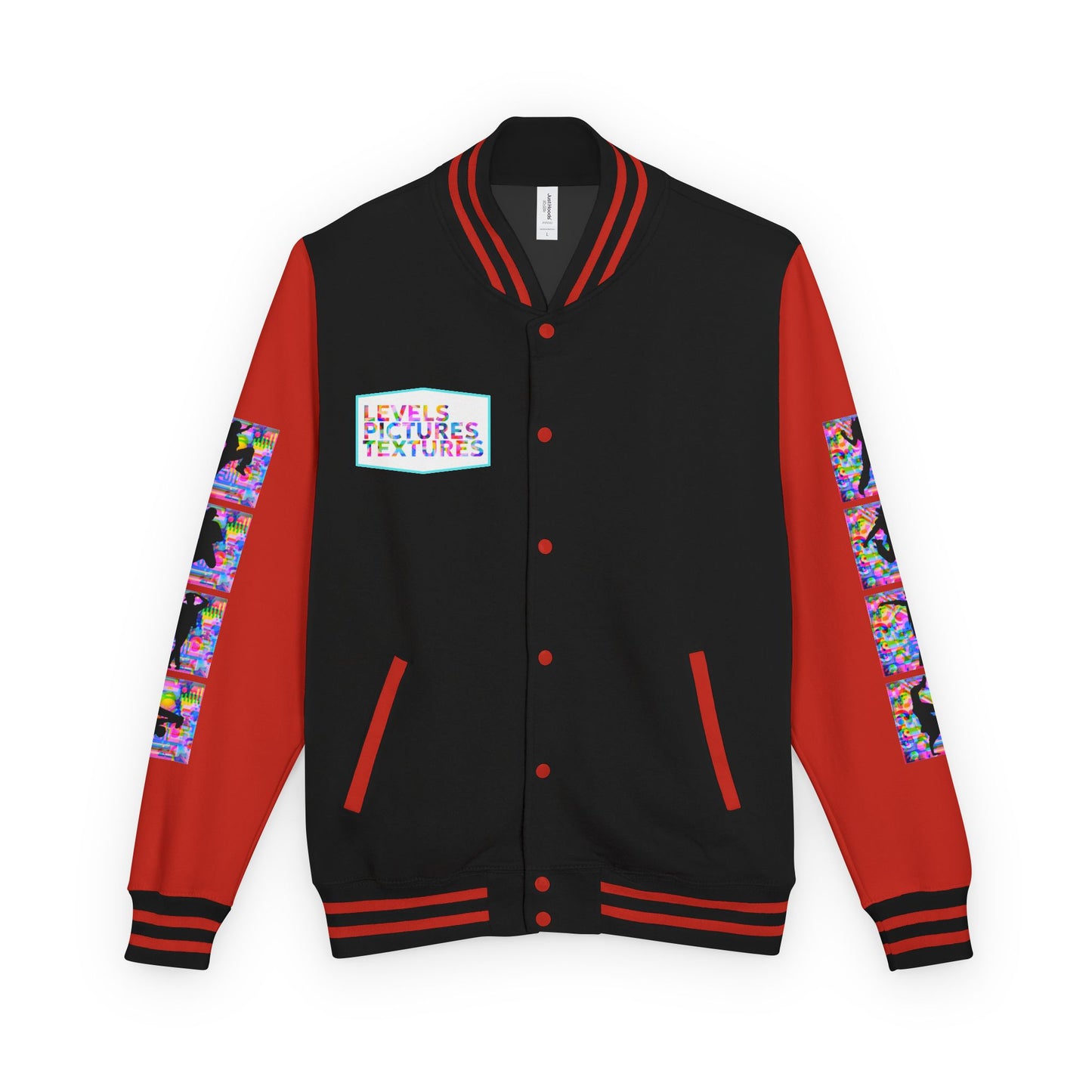 Levels Premium Collection Dance Letterman Jacket β Colorful Unisex Streetwear Varsity Jacket with "Levels Pictures Textures" Front and Dancer Silhouette Back Graphic