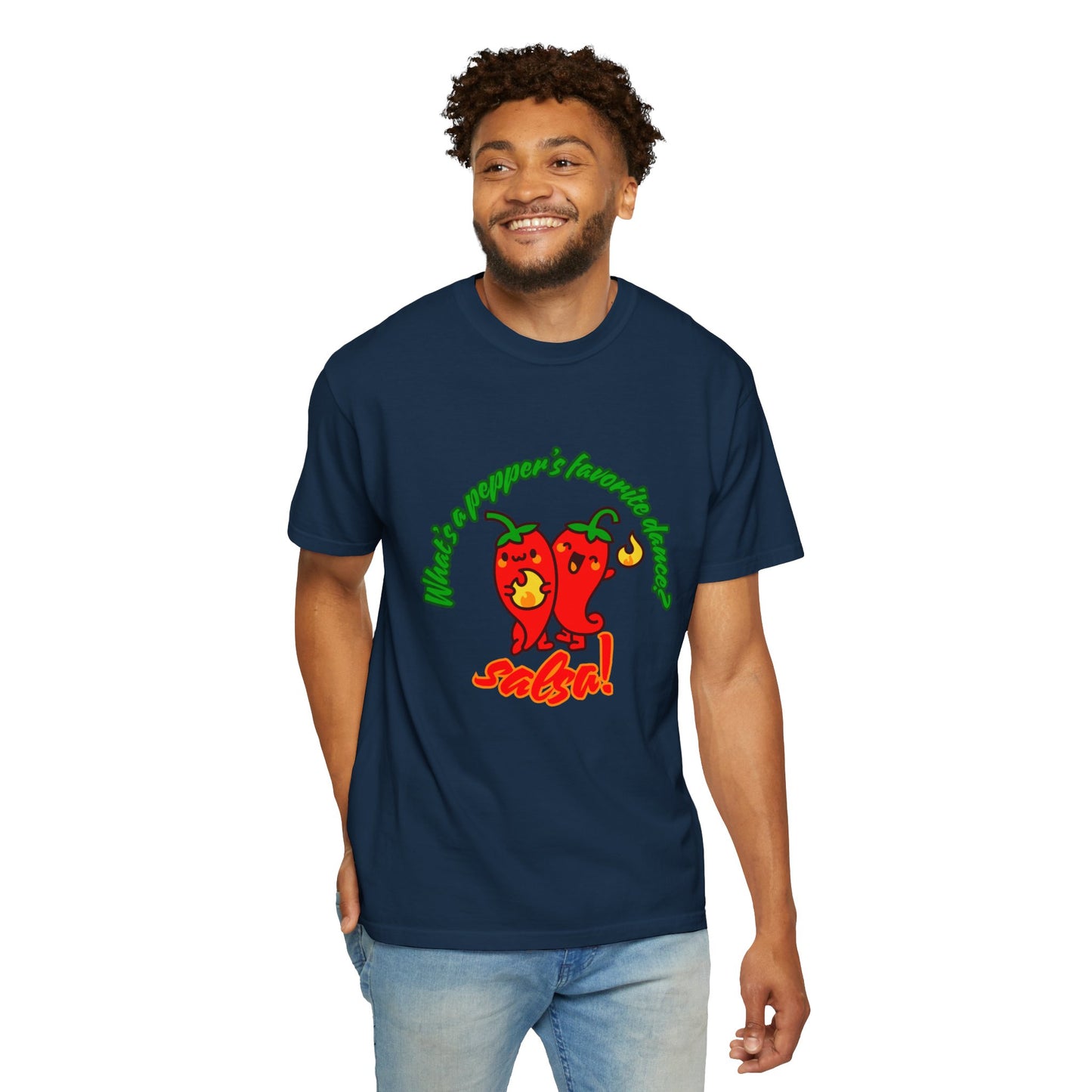 "What's a Pepper's Favorite Dance? Salsa!" Dance Pun Unisex Garment-Dyed T-Shirt – Funny Dance Joke Tee with Cute Pepper Graphic – Dance Humor Shirt for Food & Pun Lovers