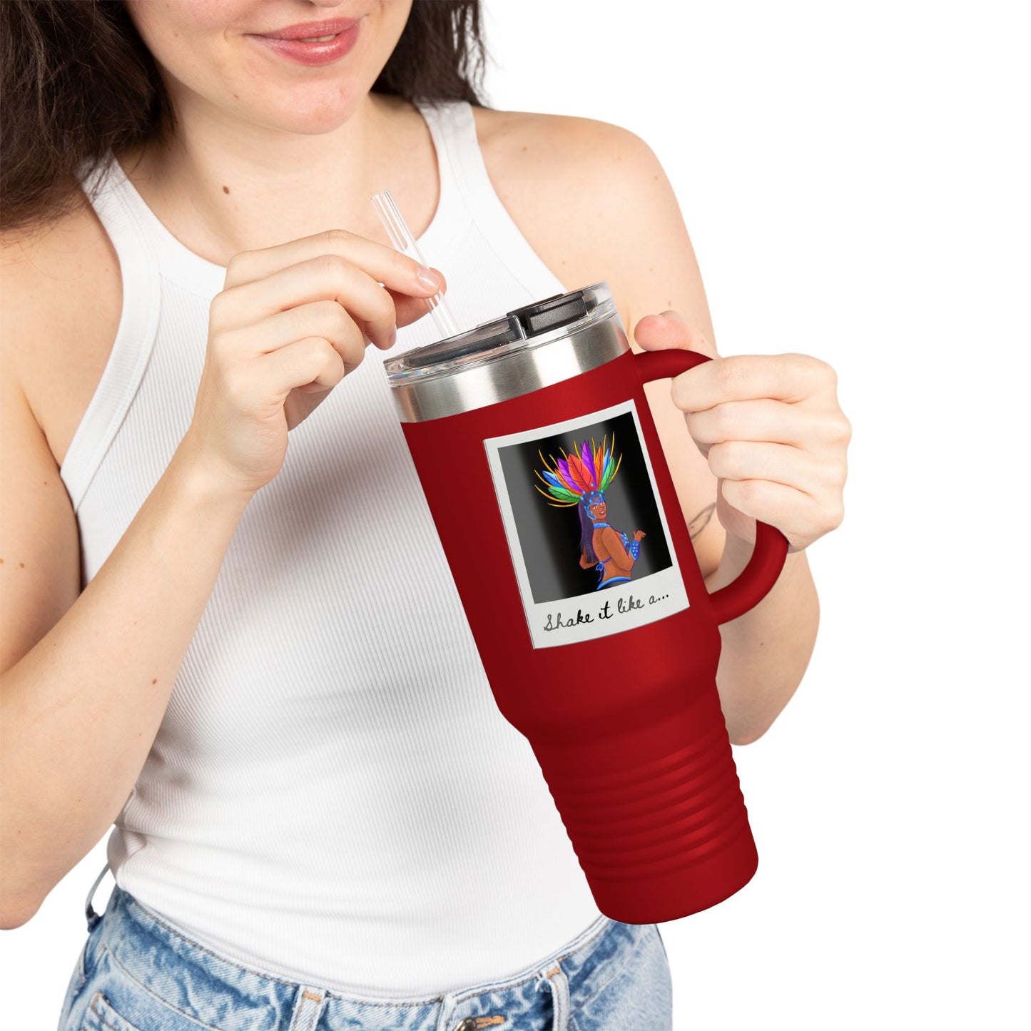 "Shake It Like a..." 40oz Insulated Travel Mug – Carnival Samba Dancer Graphic | Fun Dance-Themed Stainless Steel Tumbler for Hot & Cold Drinks