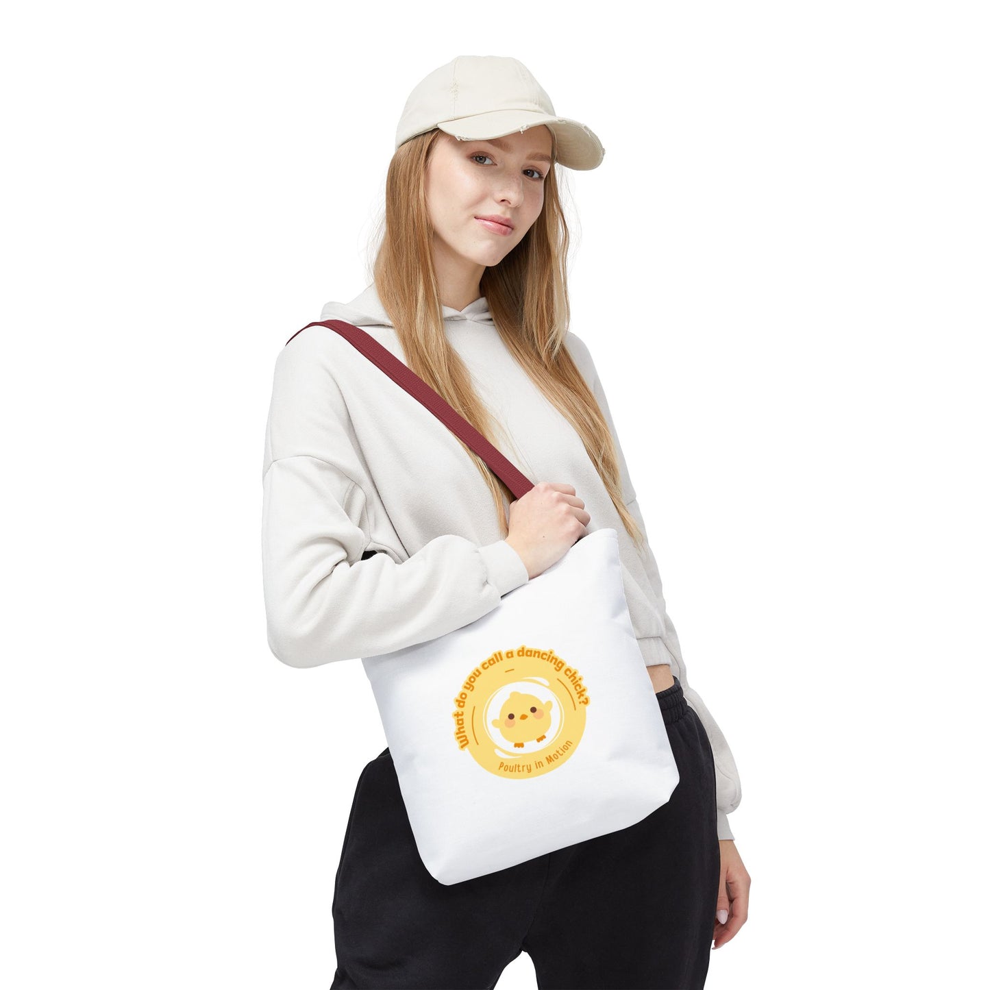 "What do you call a dancing chick? Poultry in Motion" Funny Dance Tote Bag – Kawaii Chicken Canvas Tote for Dancers & Dance Lovers