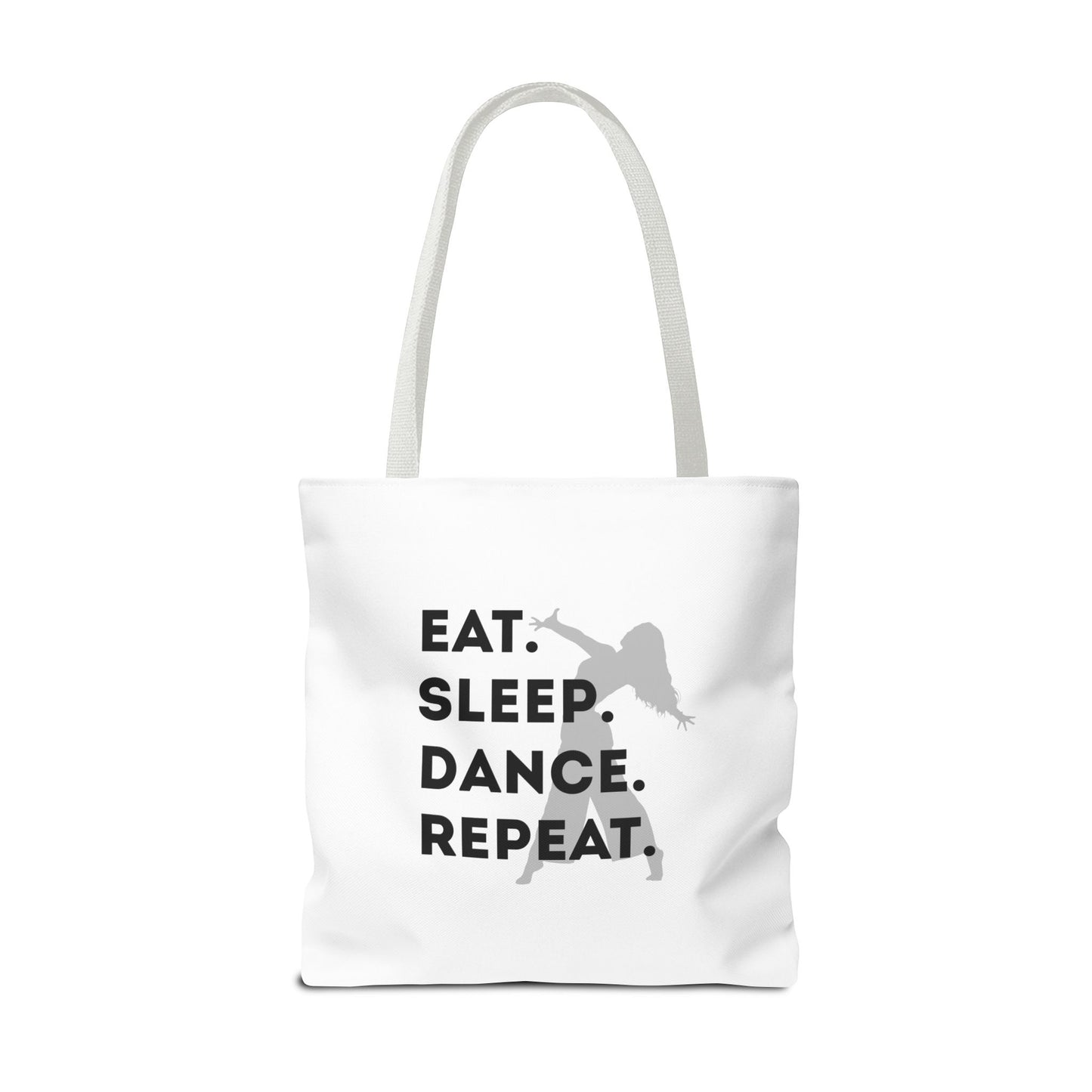 "Eat Sleep Dance Repeat" Canvas Tote Bag – Gray Dancer Silhouette Dance-Themed Reusable Shoulder Bag for Dancers, Studio, or Everyday Use