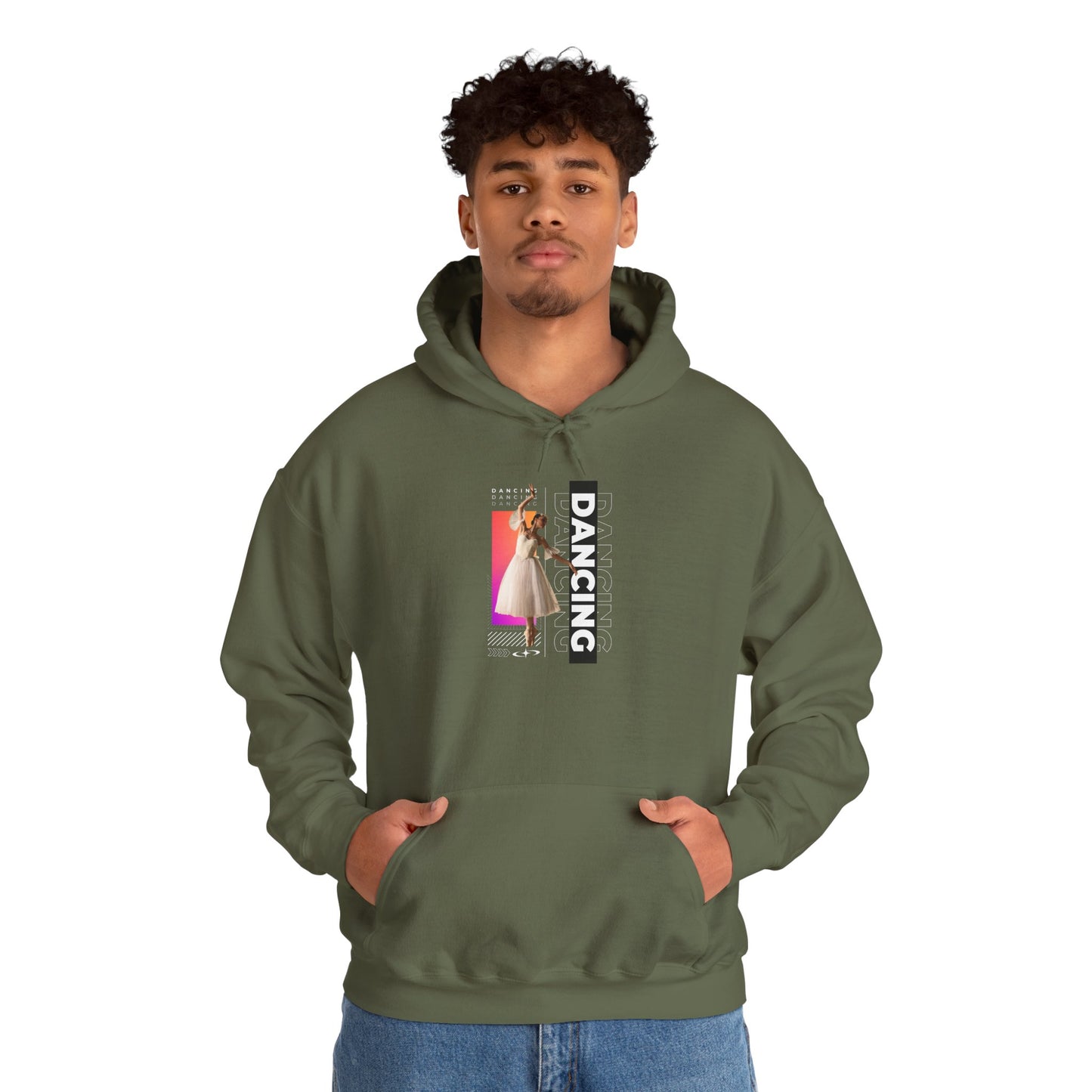 “Dancing” Text with Streetwear-Style Female Dancer Graphic - Unisex Heavy Blend™ Hooded Sweatshirt – Cozy Dance Hoodie for Ballet & Hip-Hop Enthusiasts