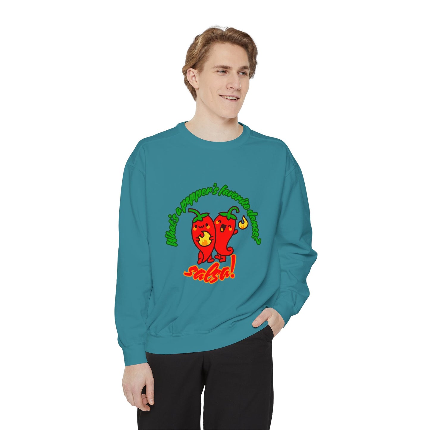 "What's a Pepper's Favorite Dance? Salsa!" Unisex Lightweight Crewneck Sweatshirt – Fun Dance Pun Pullover with Cute Pepper Graphic for Dancers & Food Lovers