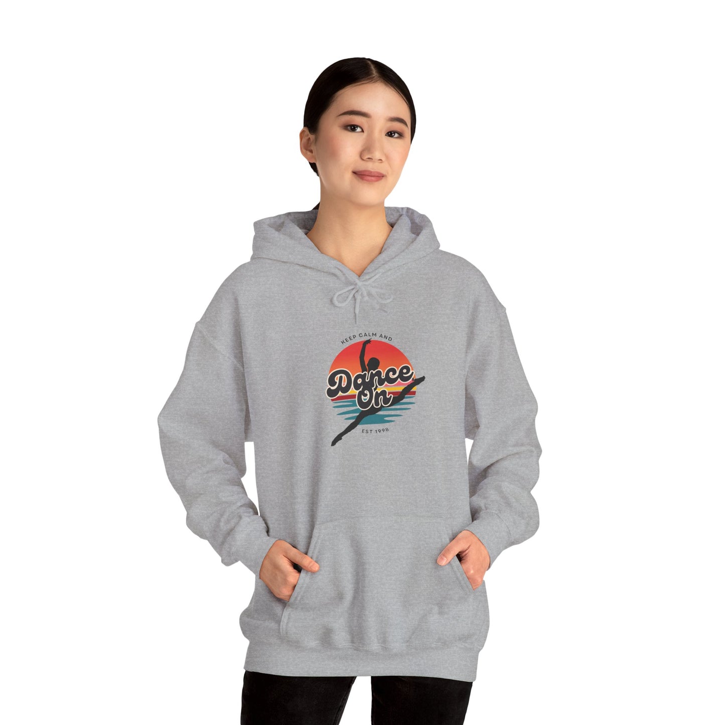 “Keep Calm and Dance On” Retro Hoodie – Unisex Dance-Inspired Hooded Sweatshirt for Dancers & Movement Lovers