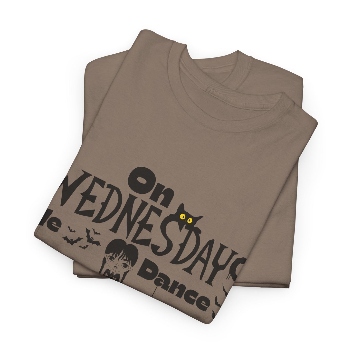 “On Wednesdays We Dance” Gothic Halloween T-Shirt with Cute Girl, Black Cat, Spiders & Bats - Unisex Heavy Cotton Tee