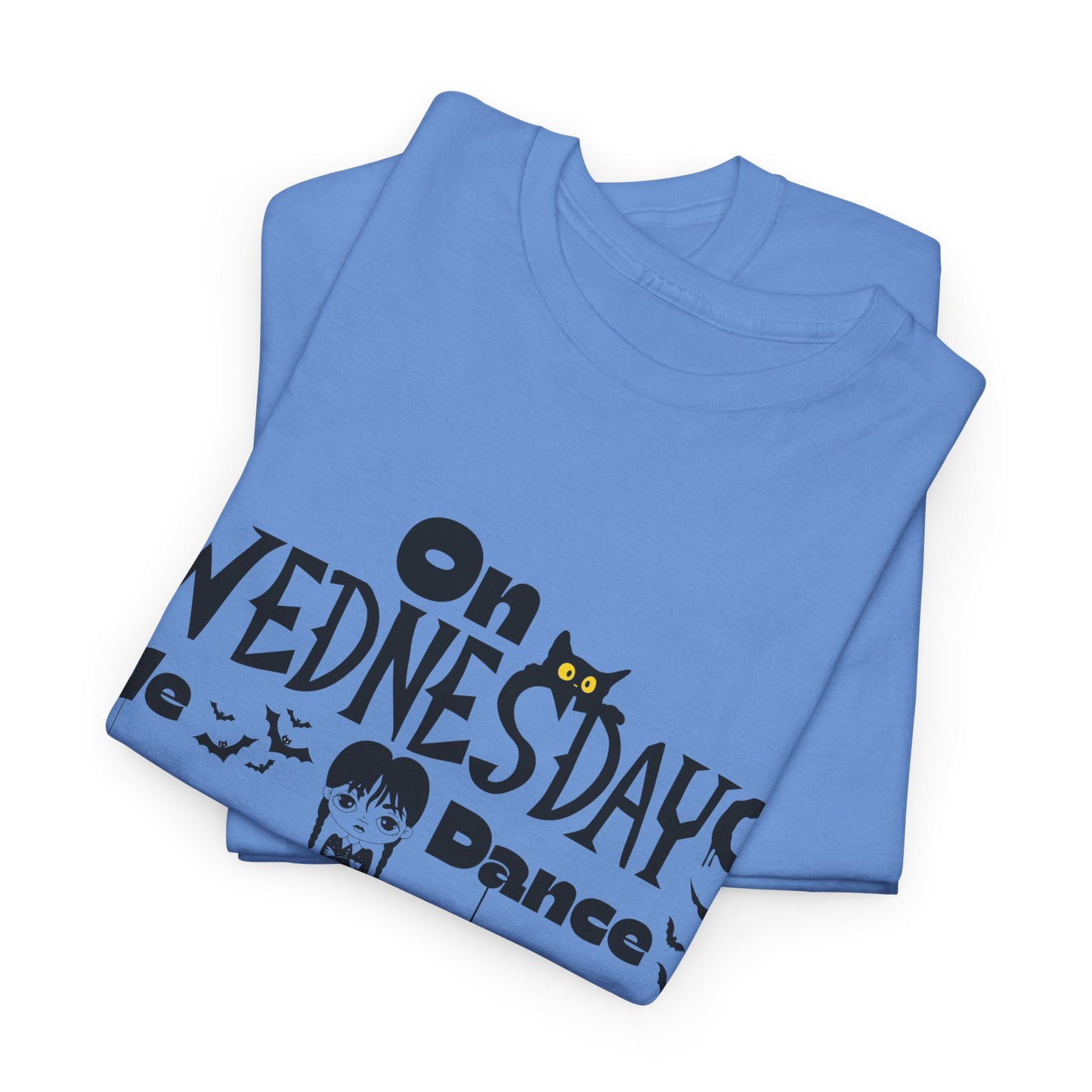“On Wednesdays We Dance” Gothic Halloween T-Shirt with Cute Girl, Black Cat, Spiders & Bats - Unisex Heavy Cotton Tee