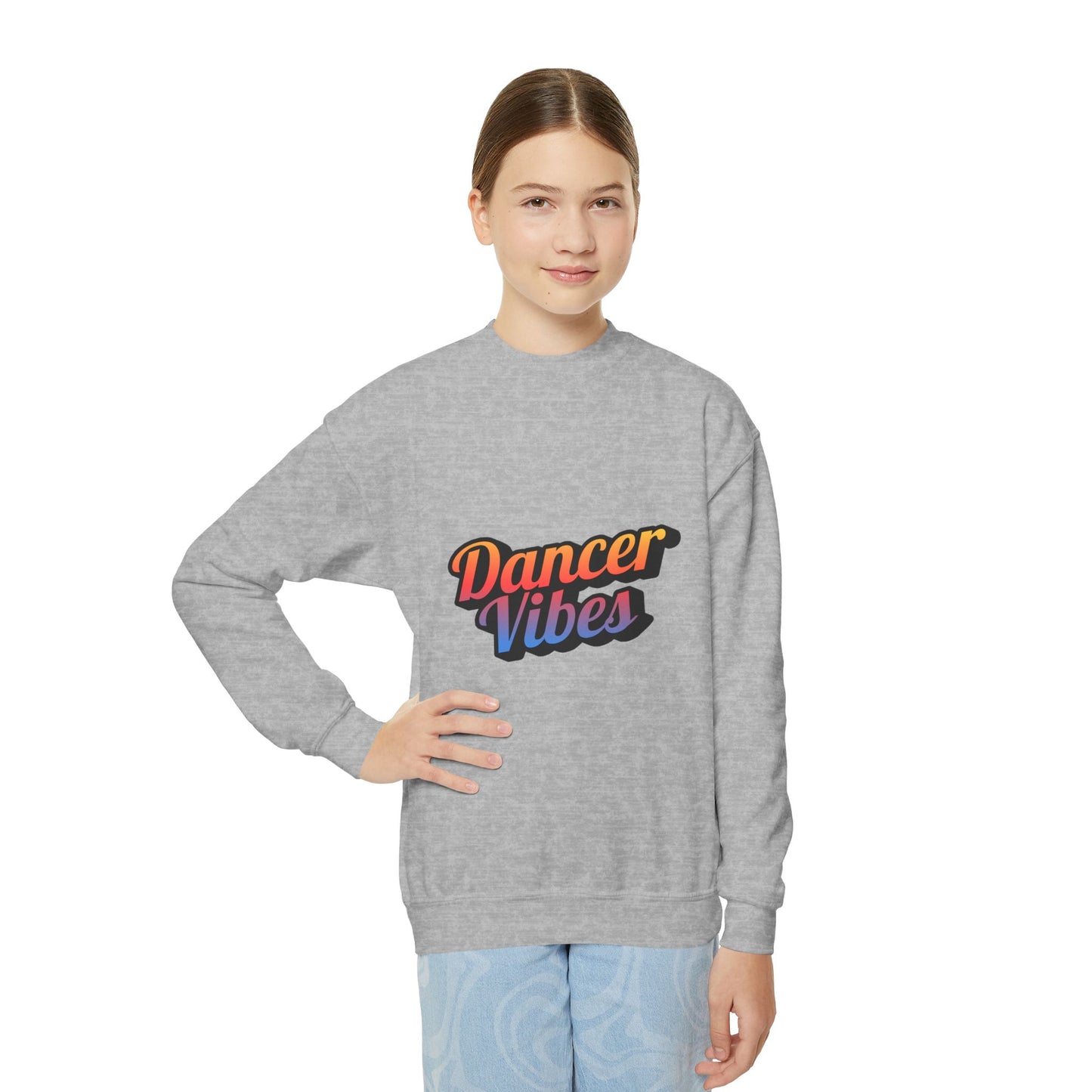 "Dancer Vibes" Youth Crewneck Sweatshirt – Colorful Text-Based Dance Graphic Pullover for Kids and Teens