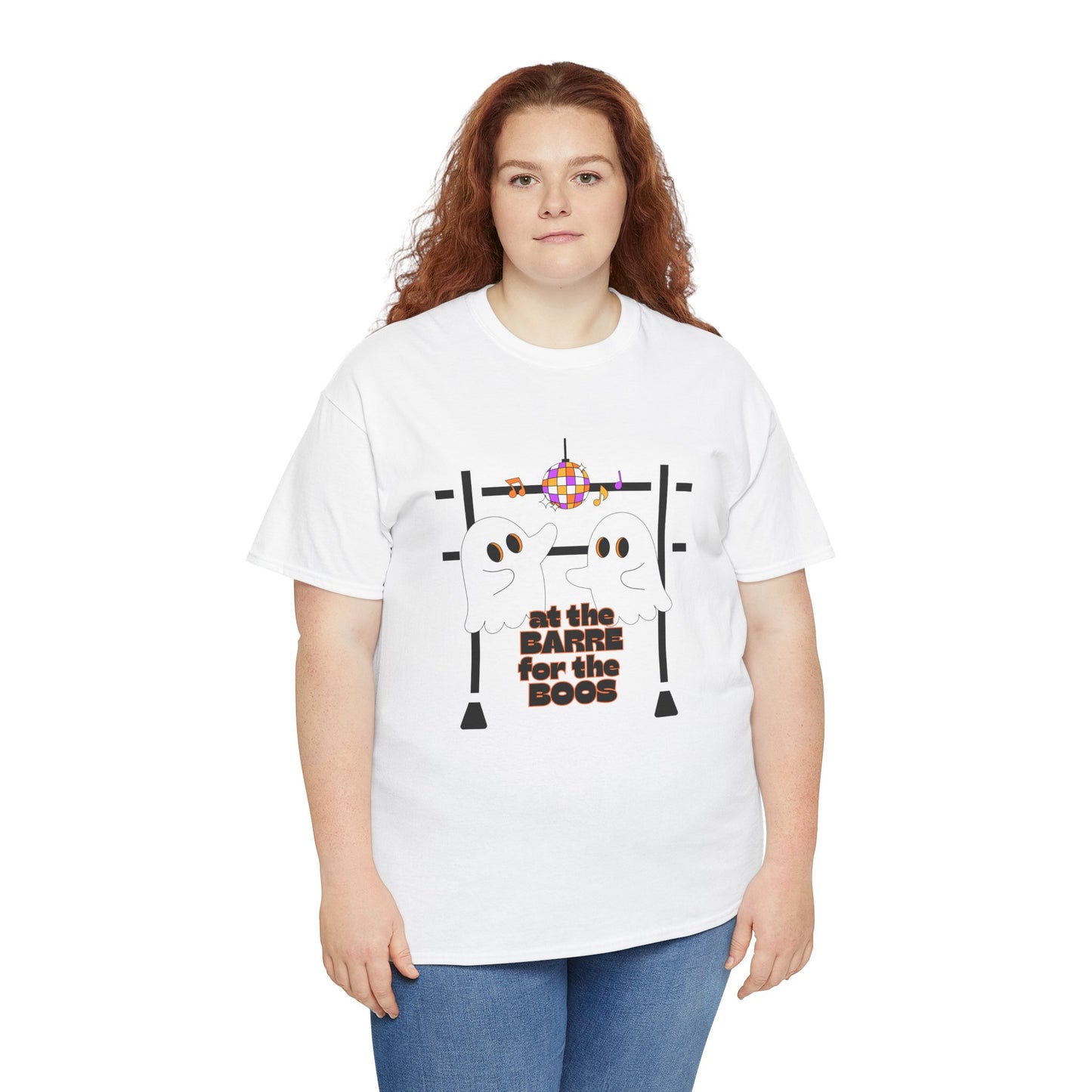 “At the Barre for the Boos” Dance Halloween T-Shirt with Cute Ghost Ballet Graphics - Unisex Heavy Cotton Tee